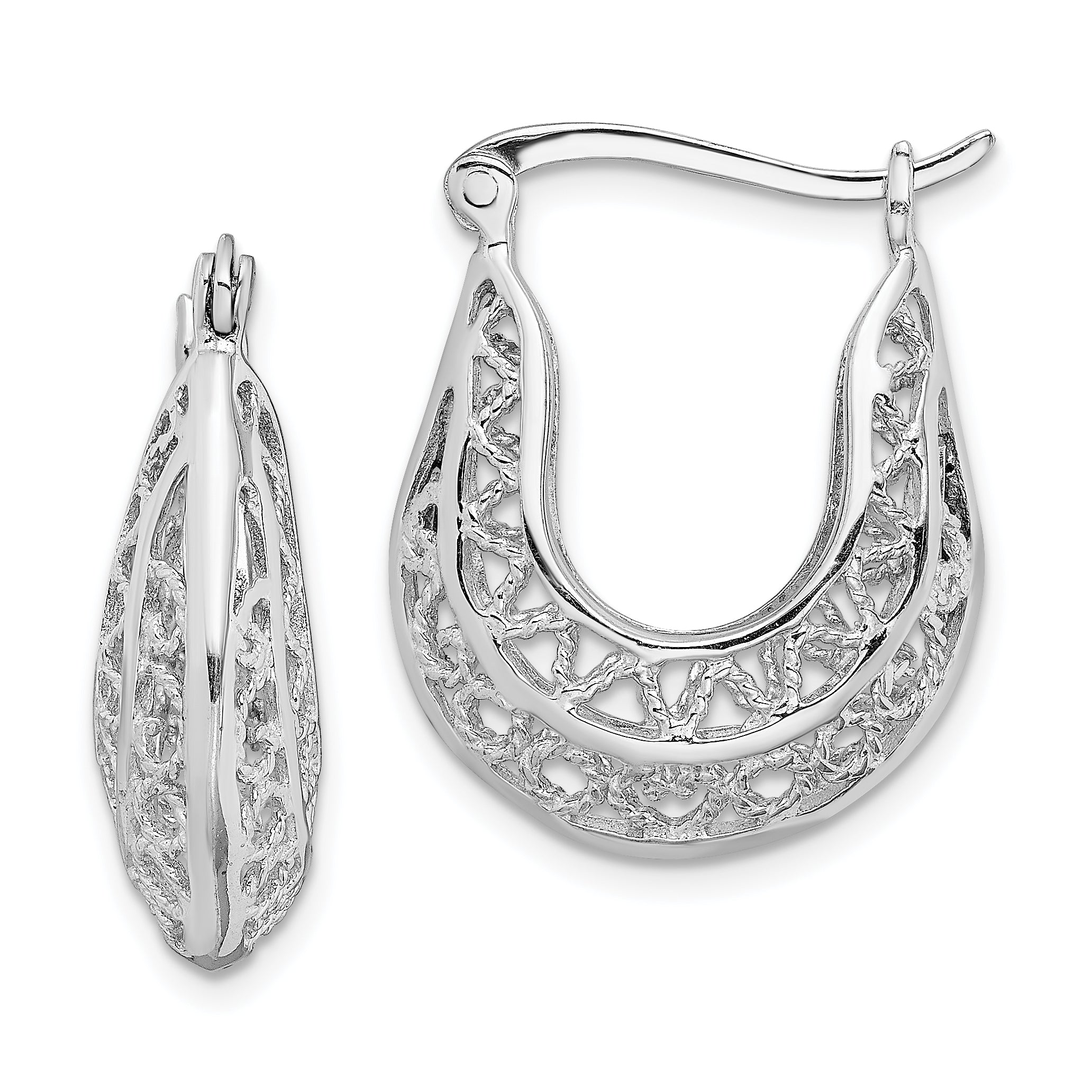 Sterling Silver Rhodium-plated Polished & Filigree Hoop Earrings Main image