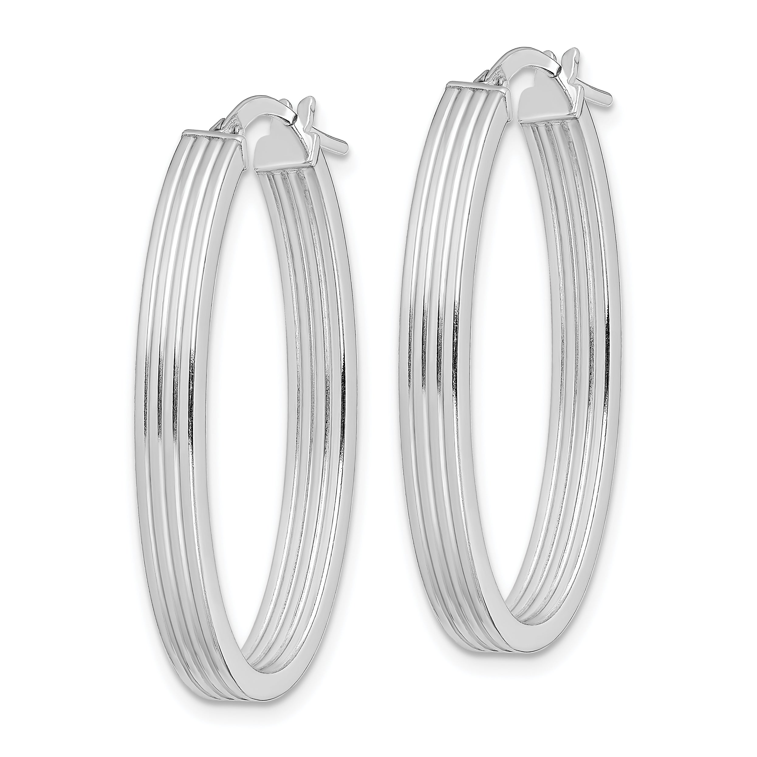 Sterling Silver Rhod-plated Polished & Striped 4mm Oval Hoop Earrings Secondary image
