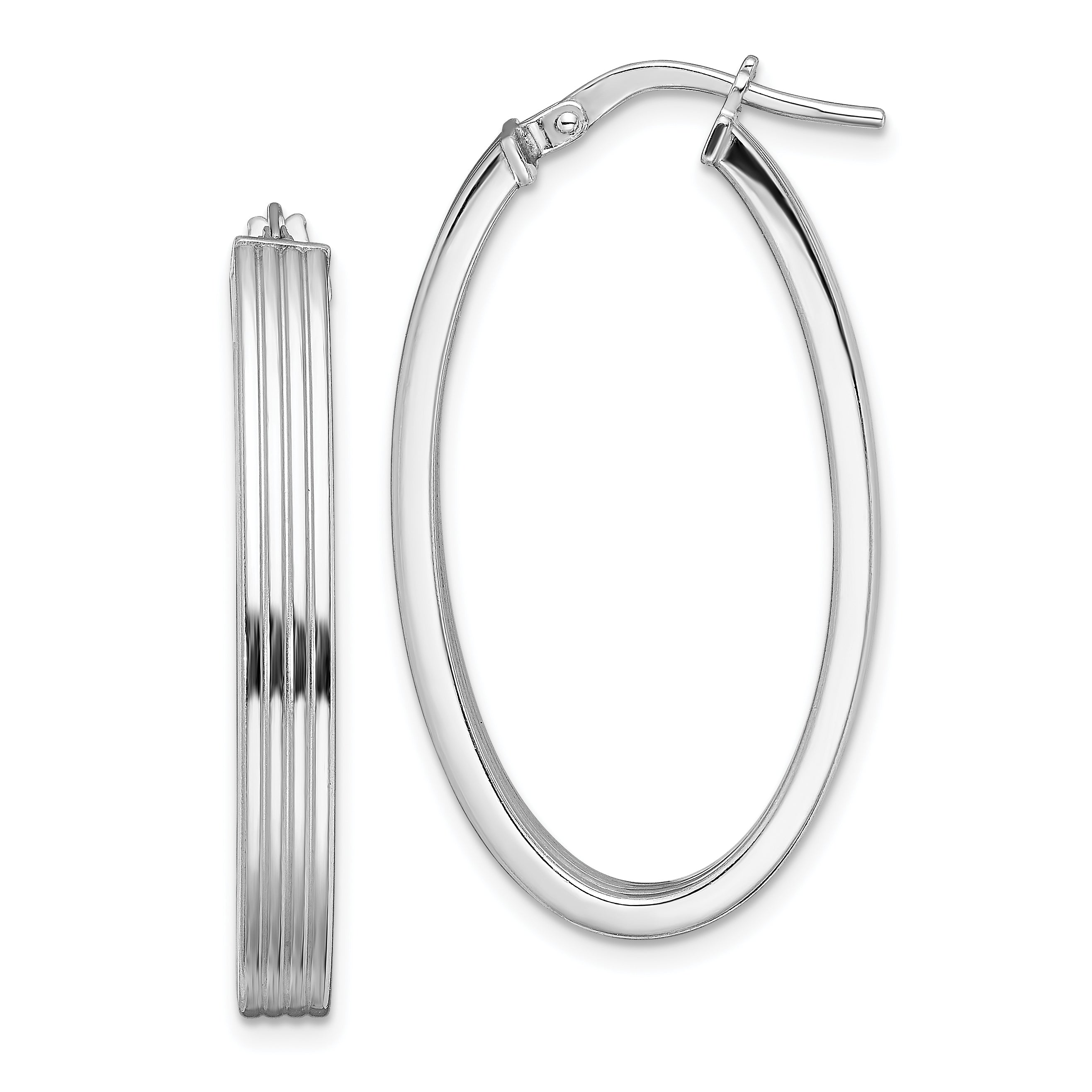 Sterling Silver Rhod-plated Polished & Striped 4mm Oval Hoop Earrings Main image