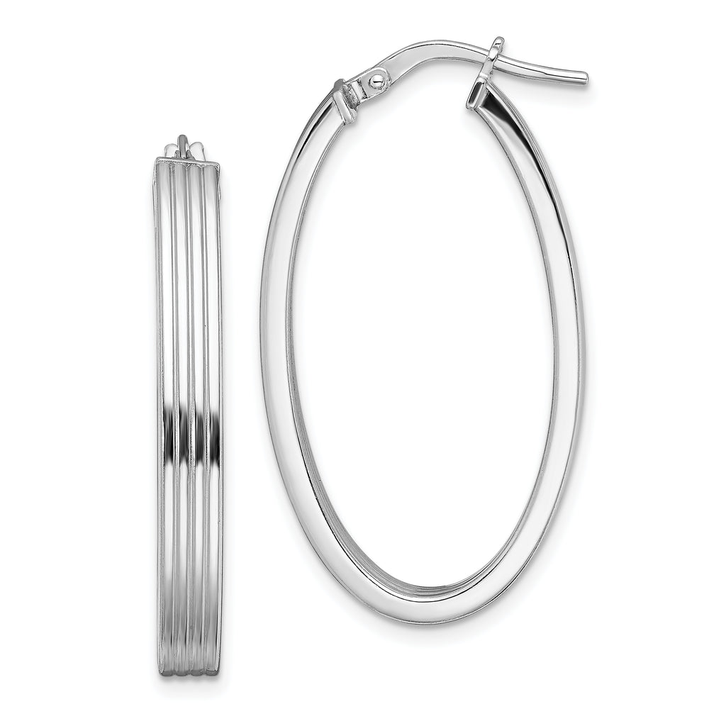 Sterling Silver Rhod-plated Polished & Striped 4mm Oval Hoop Earrings