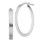Sterling Silver Rhod-plated Polished & Striped 4mm Oval Hoop Earrings