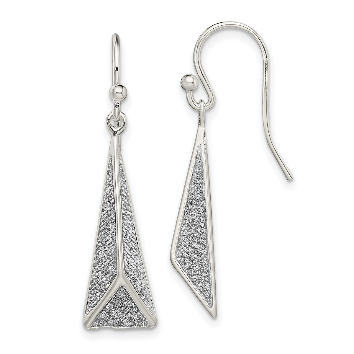 Sterling Silver Polished Enamel Glitter Fabric Triangle Dangle Earrings