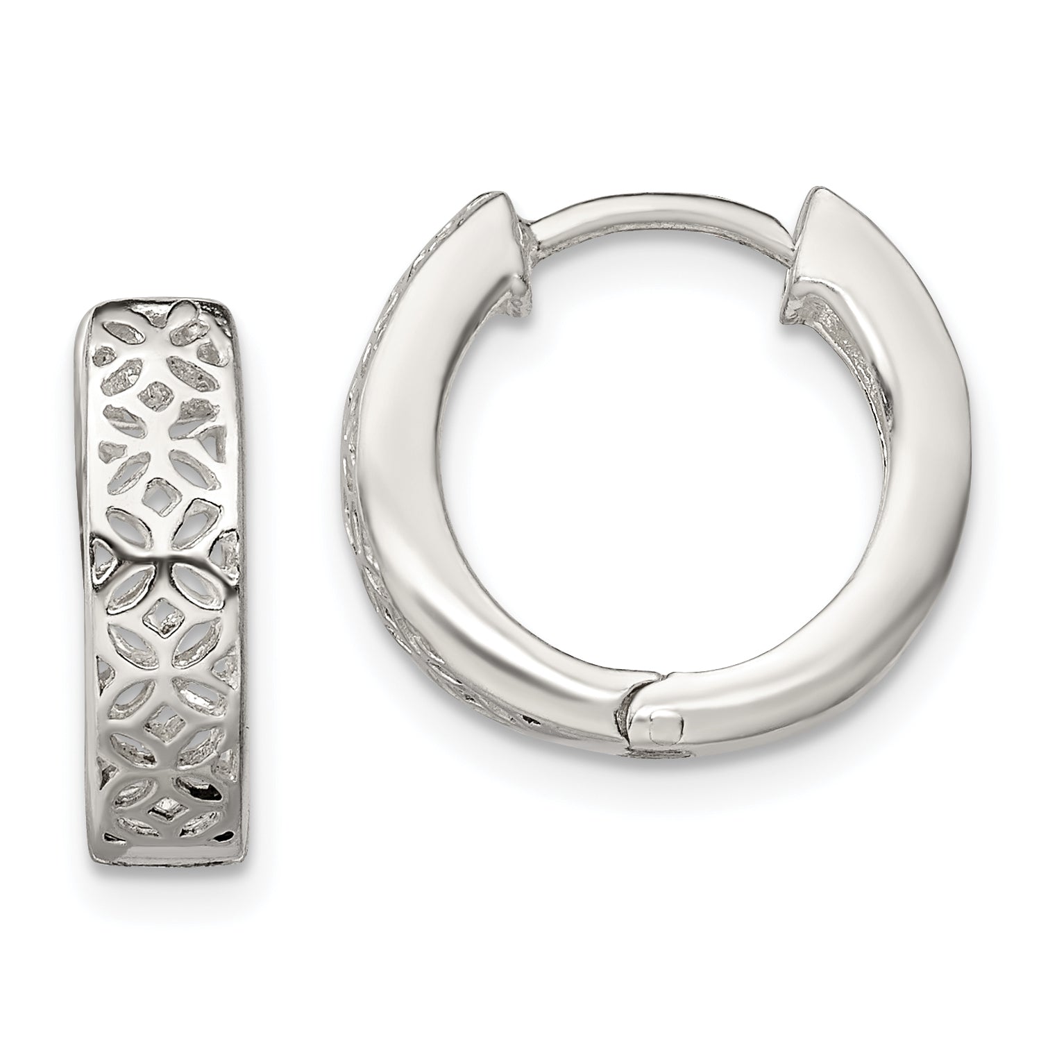 Sterling Silver Polished Cut-out Design Hinged Hoop Earrings Main image