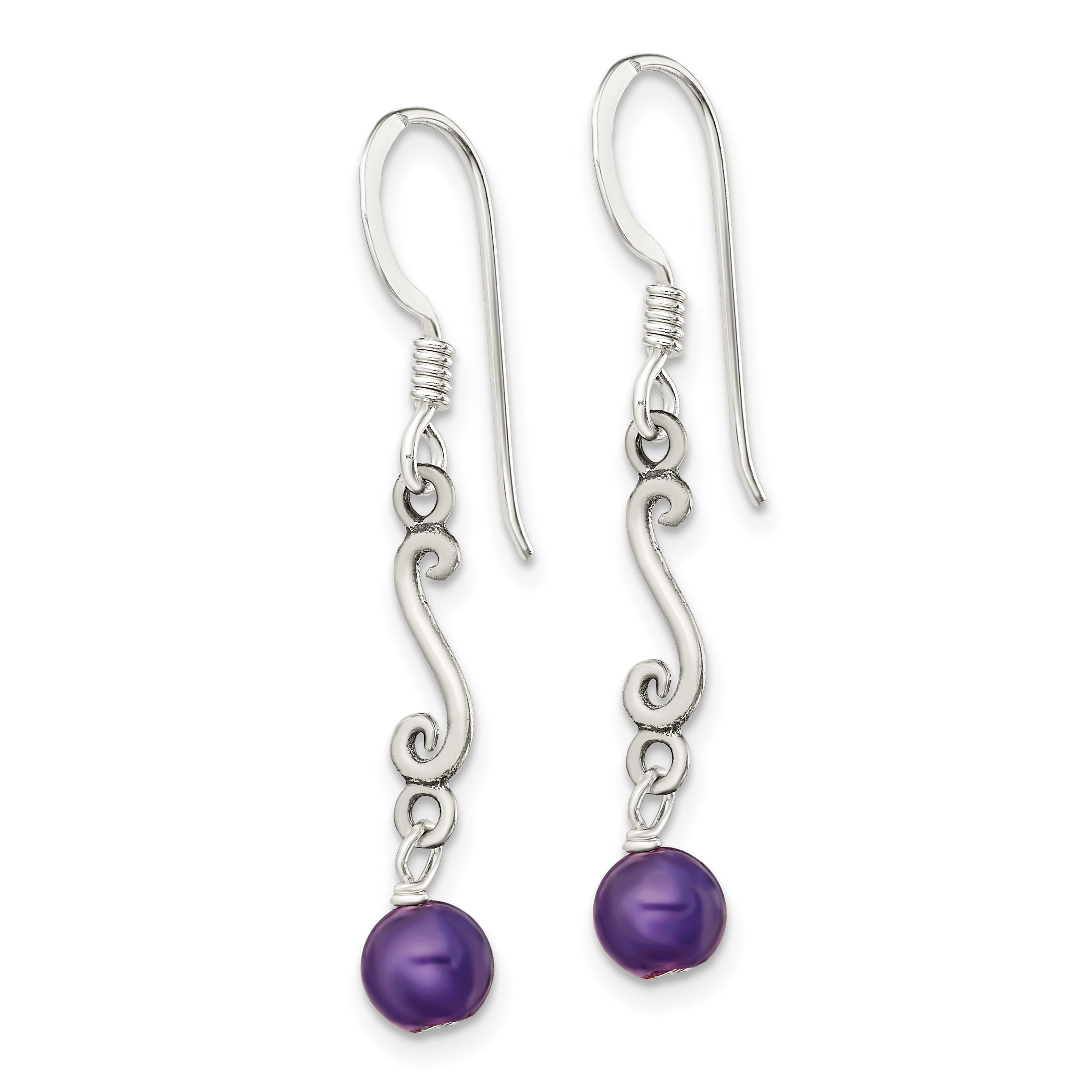 Sterling Silver Polished & Antiqued Amethyst Swirl Dangle Earrings Secondary image
