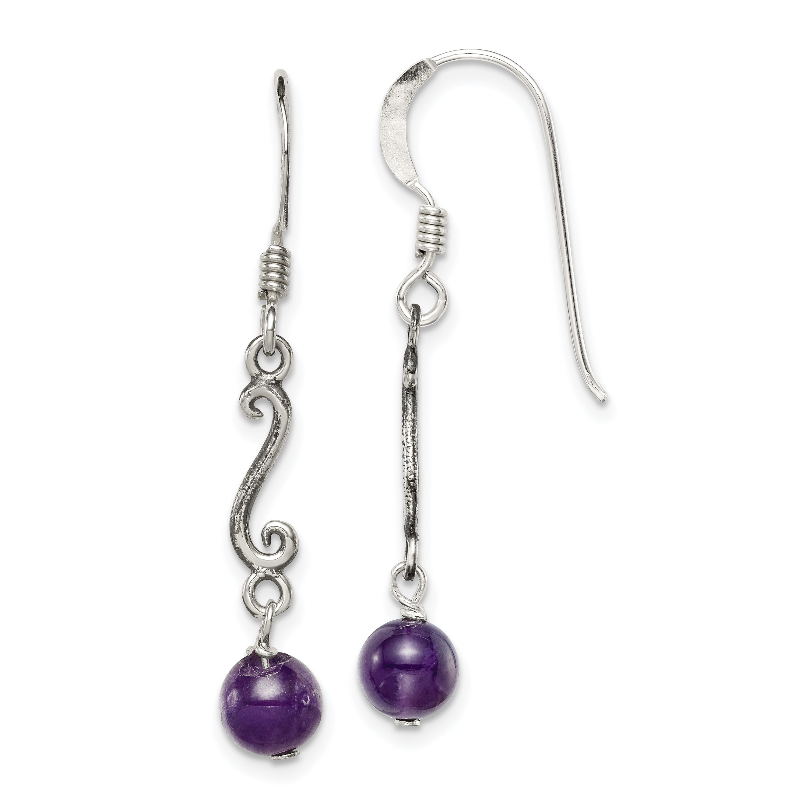 Sterling Silver Polished & Antiqued Amethyst Swirl Dangle Earrings Main image