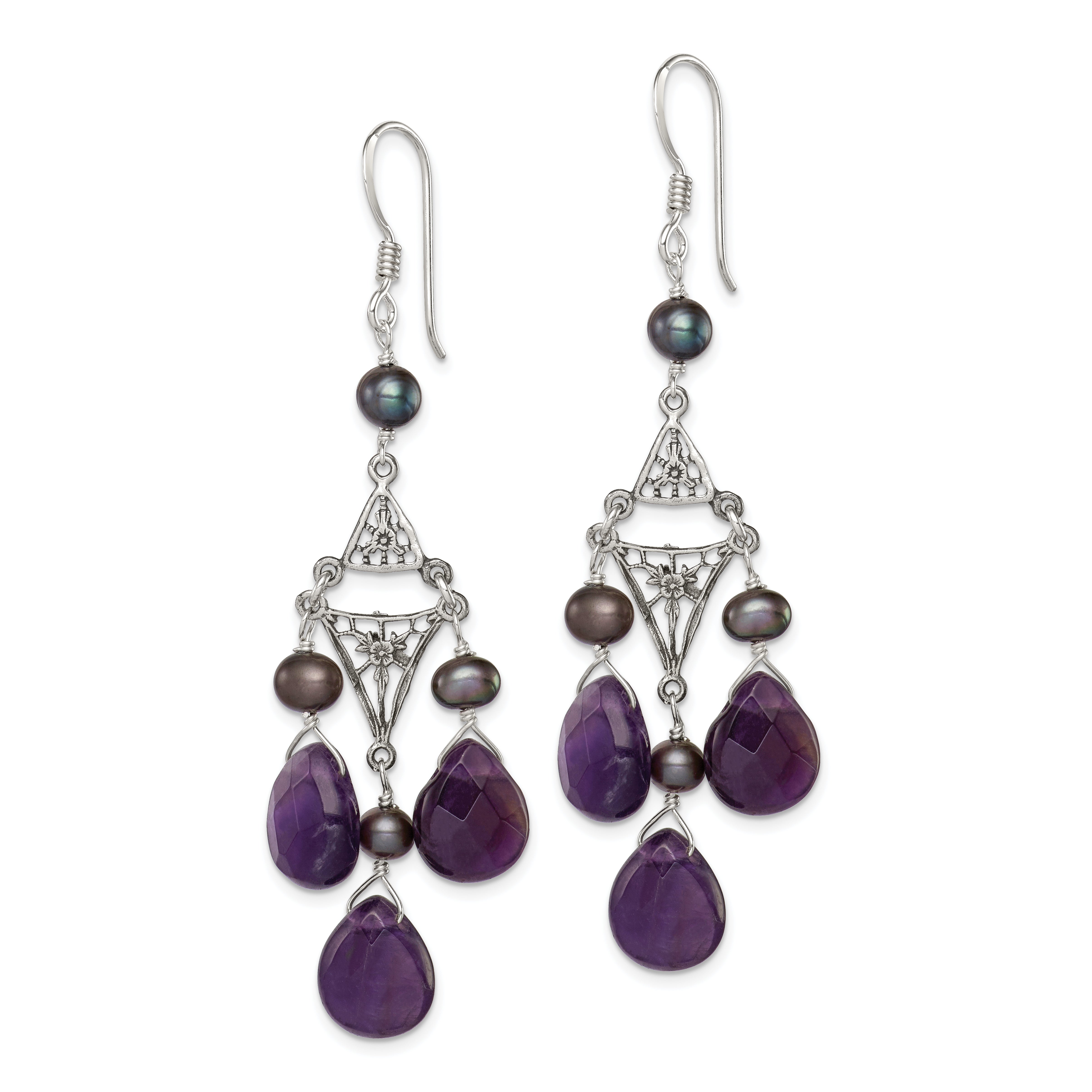 Sterling Silver Antiqued Floral Filigree Amethyst/FWC Pearl Dangle Earrings Secondary image