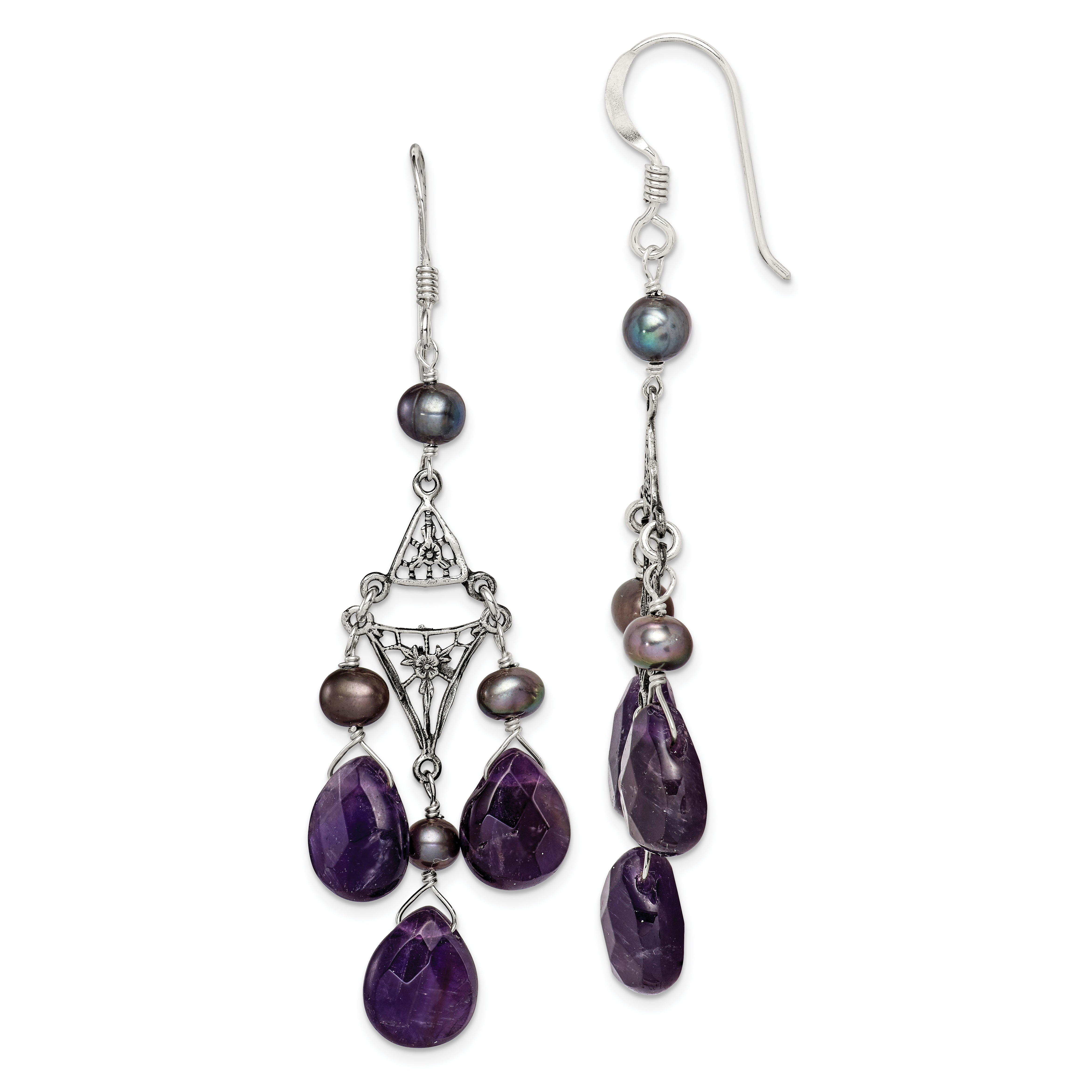 Sterling Silver Antiqued Floral Filigree Amethyst/FWC Pearl Dangle Earrings Main image