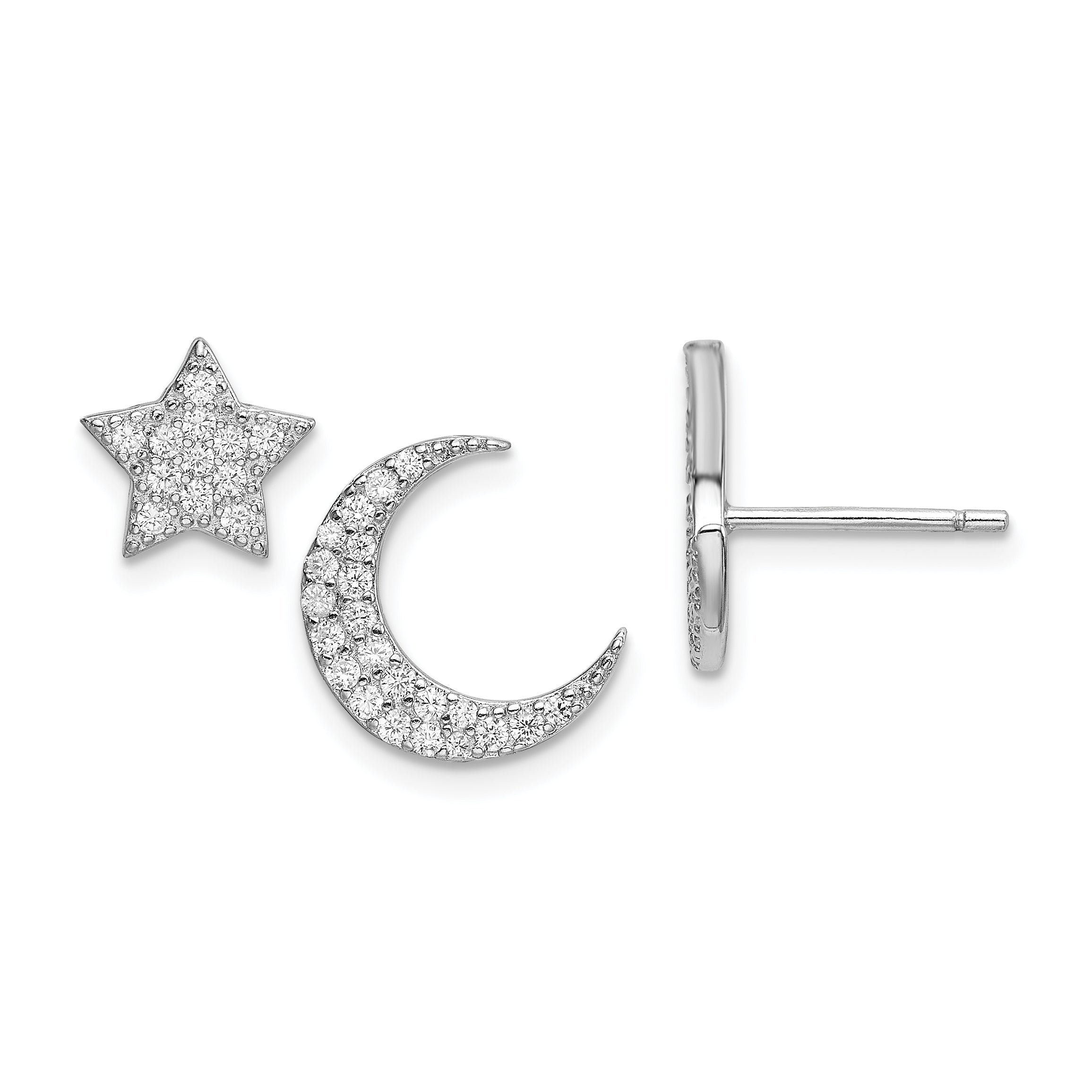Sterling Silver Rhodium-plated CZ Star and Moon Post Earrings Main image
