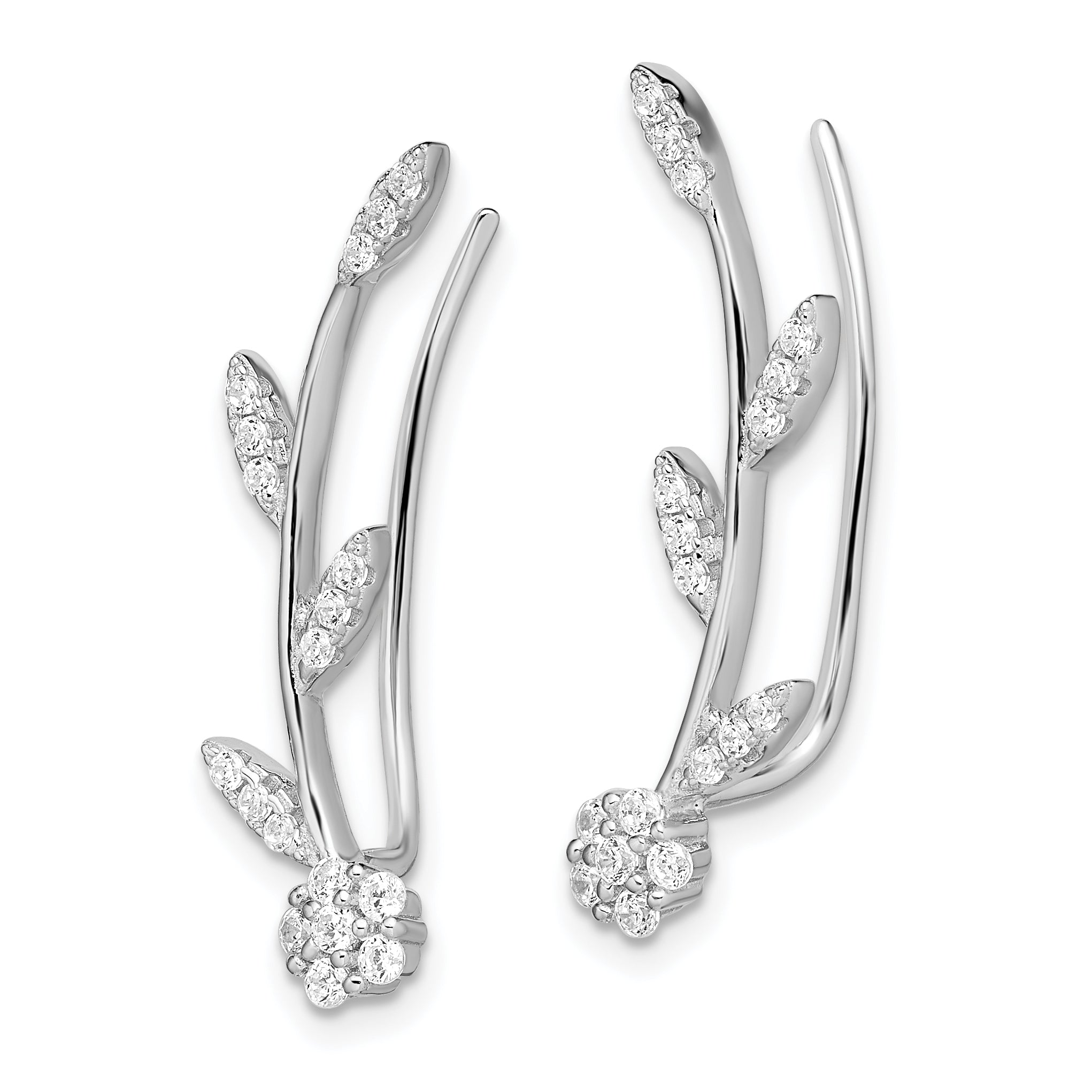 Sterling Silver Rhodium-plated Polished CZ Flower w/Stem Ear Climber Earrin Secondary image