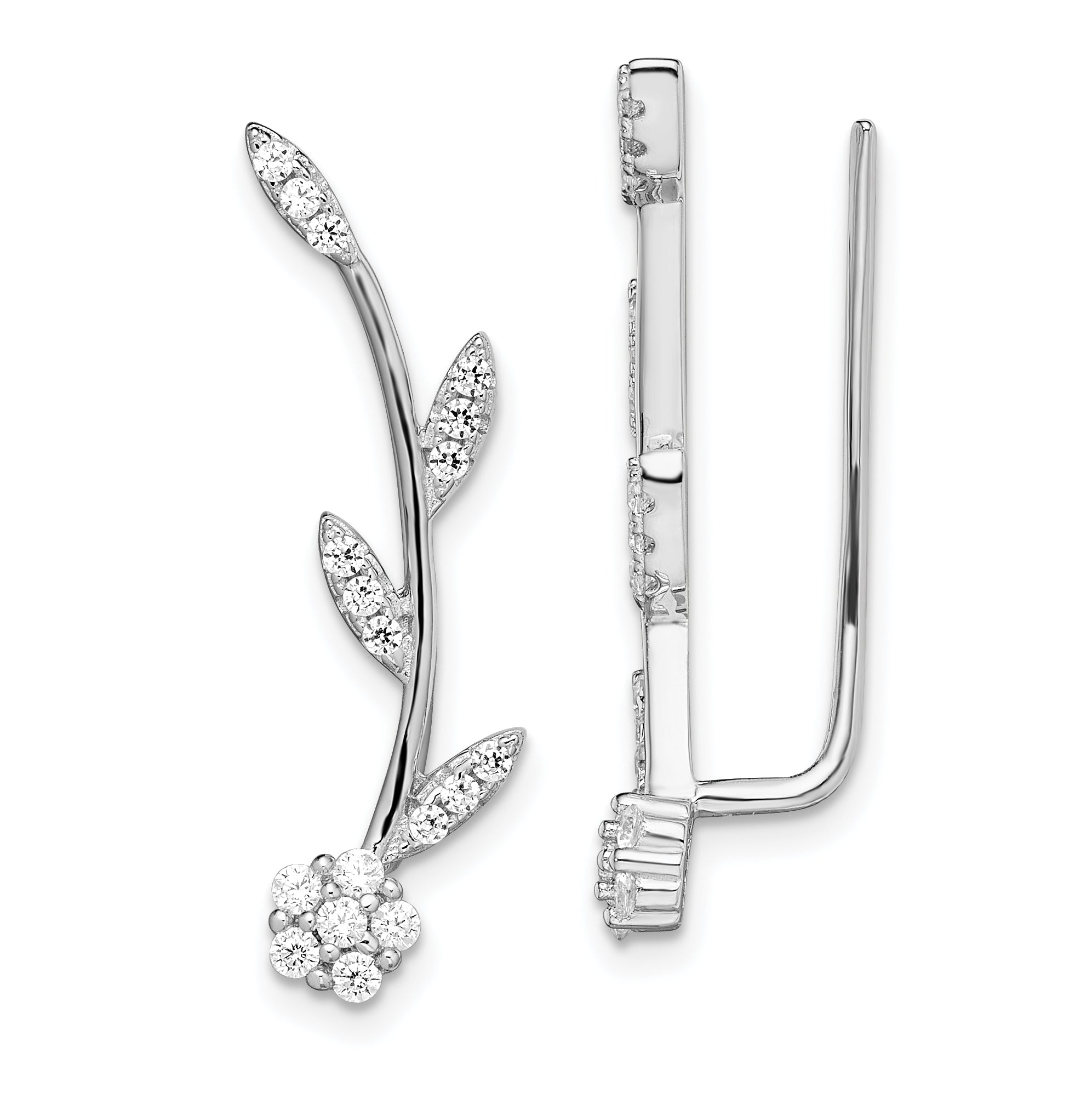 Sterling Silver Rhodium-plated Polished CZ Flower w/Stem Ear Climber Earrin Main image