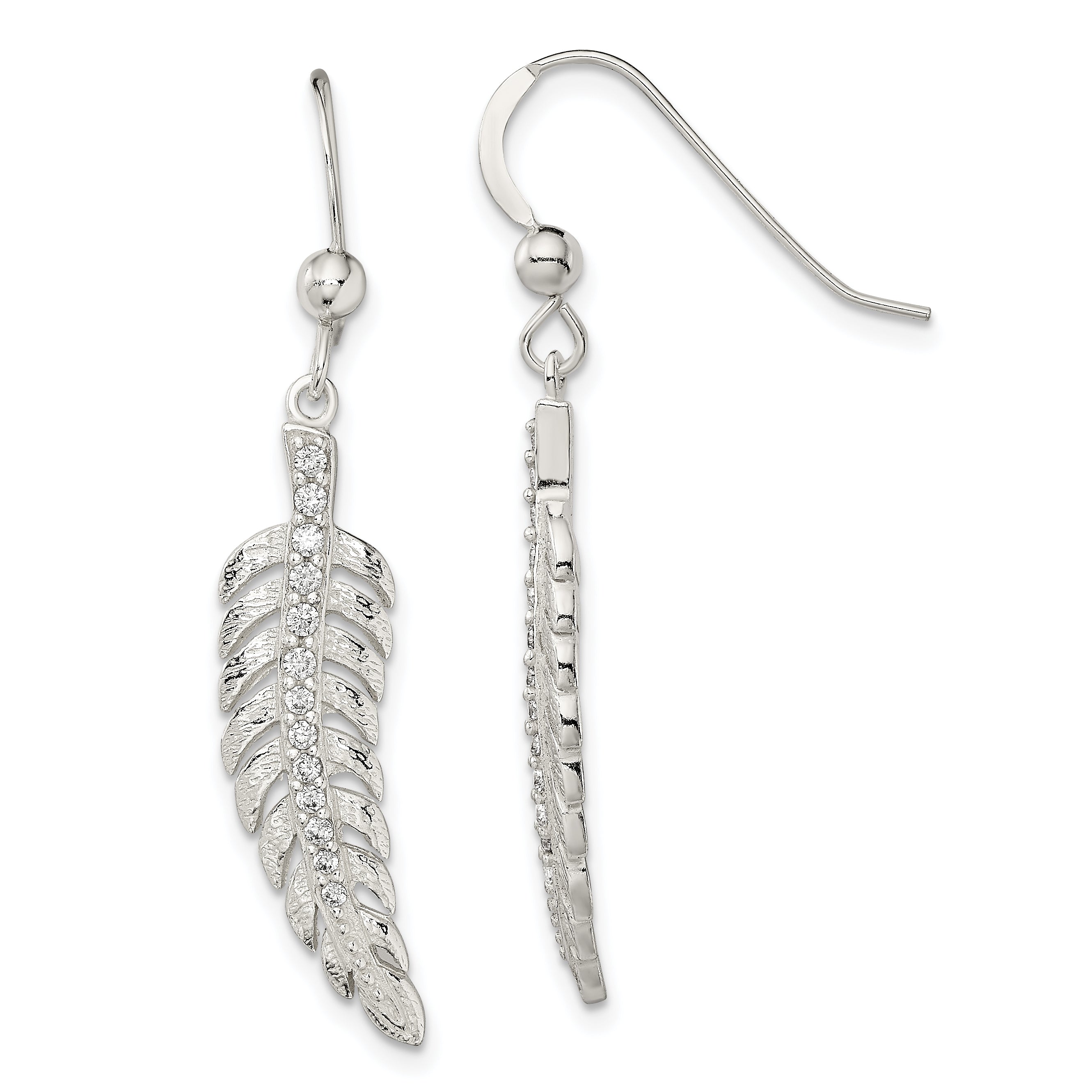 Sterling Silver Textured CZ Feather Shepherd Hook Earrings Main image