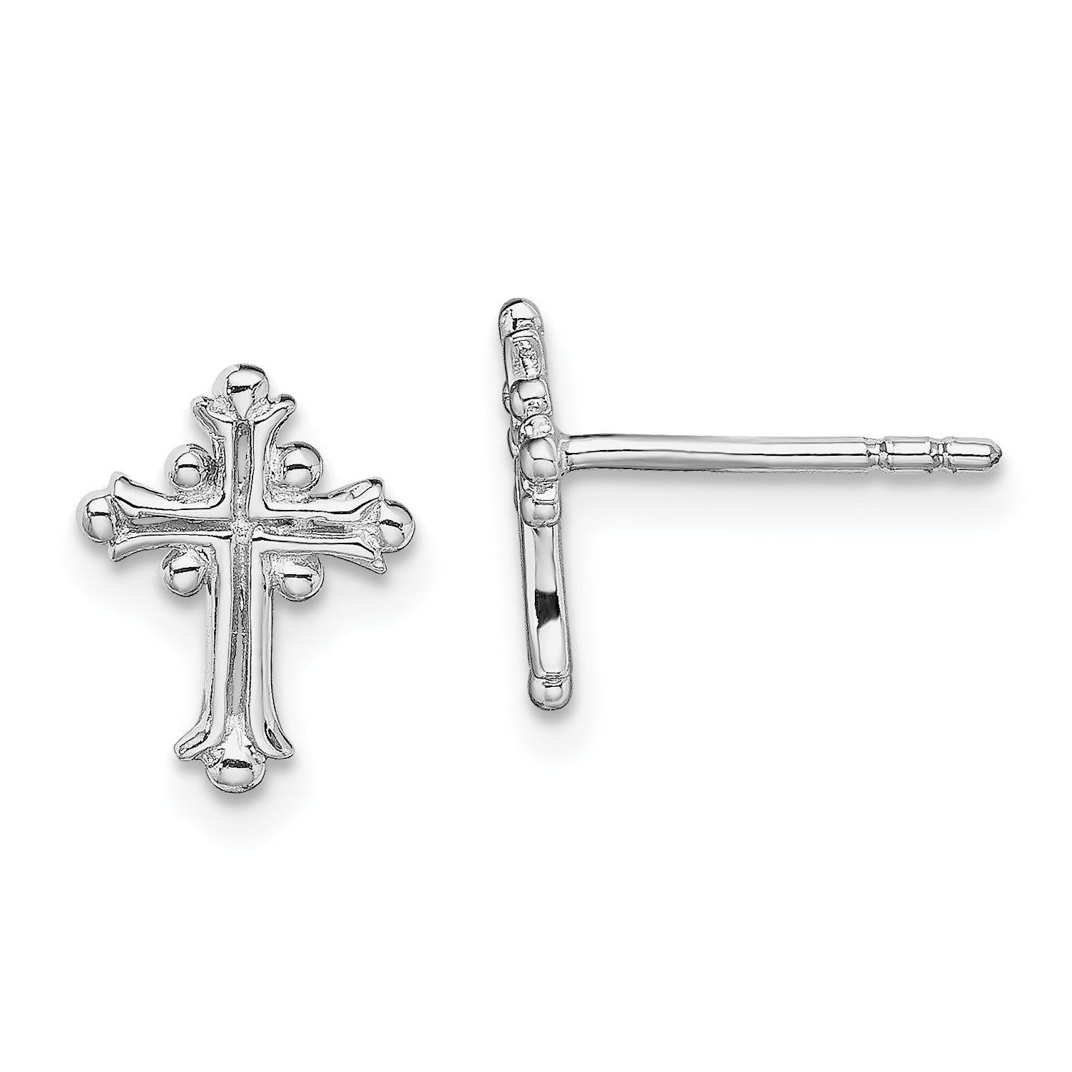Sterling Silver RH-pltd Polished Textured Budded Cross Post Earrings Main image