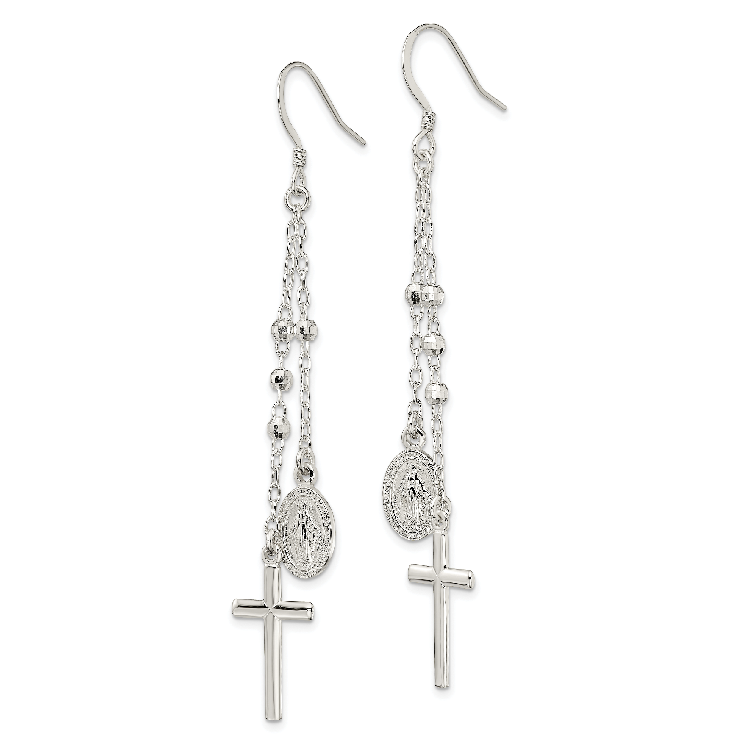 Sterling Silver Polished Miraculous Medal & Latin Cross Beaded Multi-Strand Dangle Earrings Secondary image