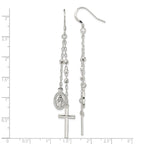 Sterling Silver Polished Miraculous Medal & Latin Cross Beaded Multi-Strand Dangle Earrings