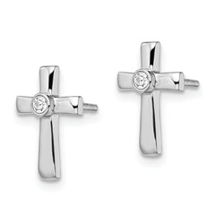 Sterling Silver Rhodium-plated Polished CZ Cross Post Earrings