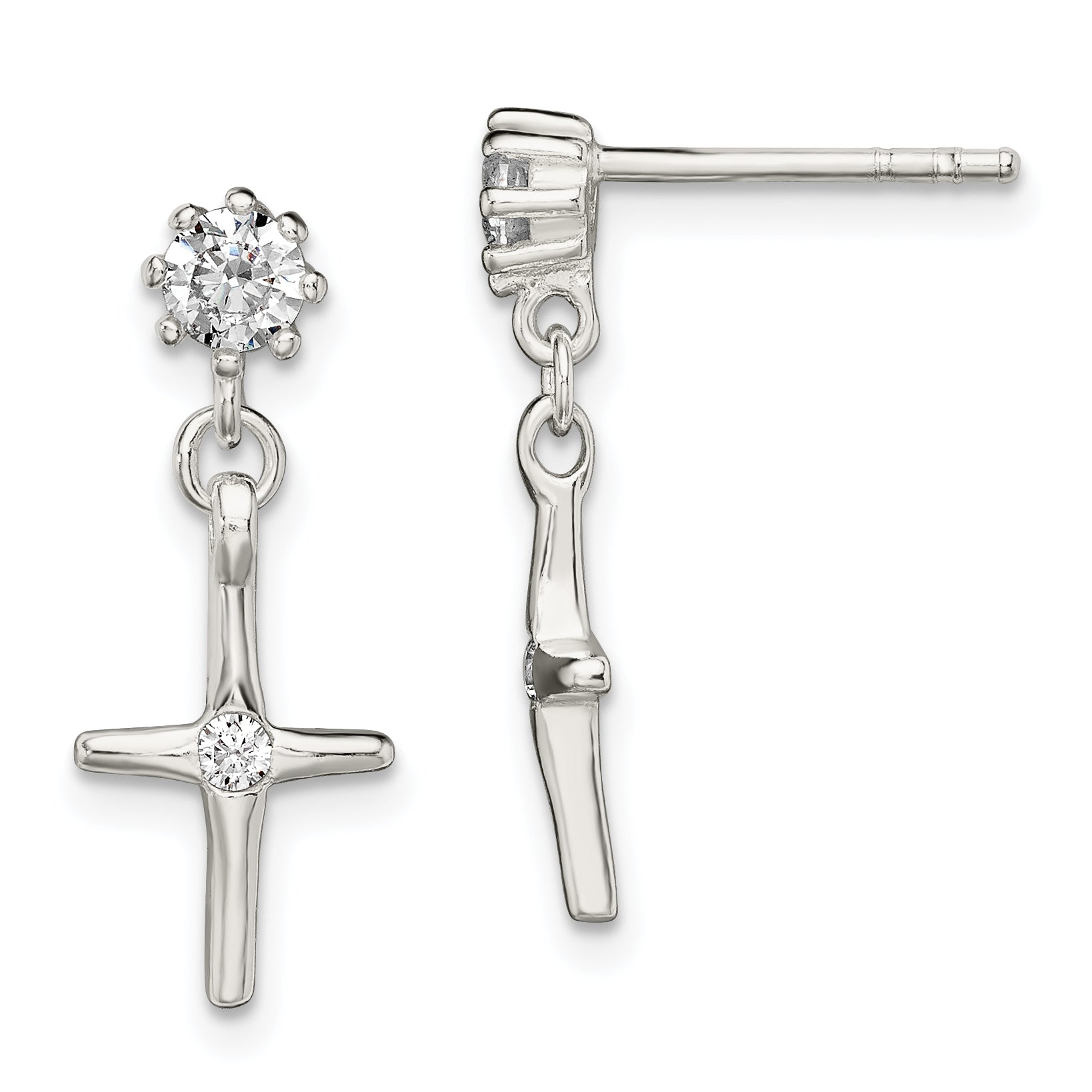 Sterling Silver Polished CZ Cross Post Dangle Earrings Main image