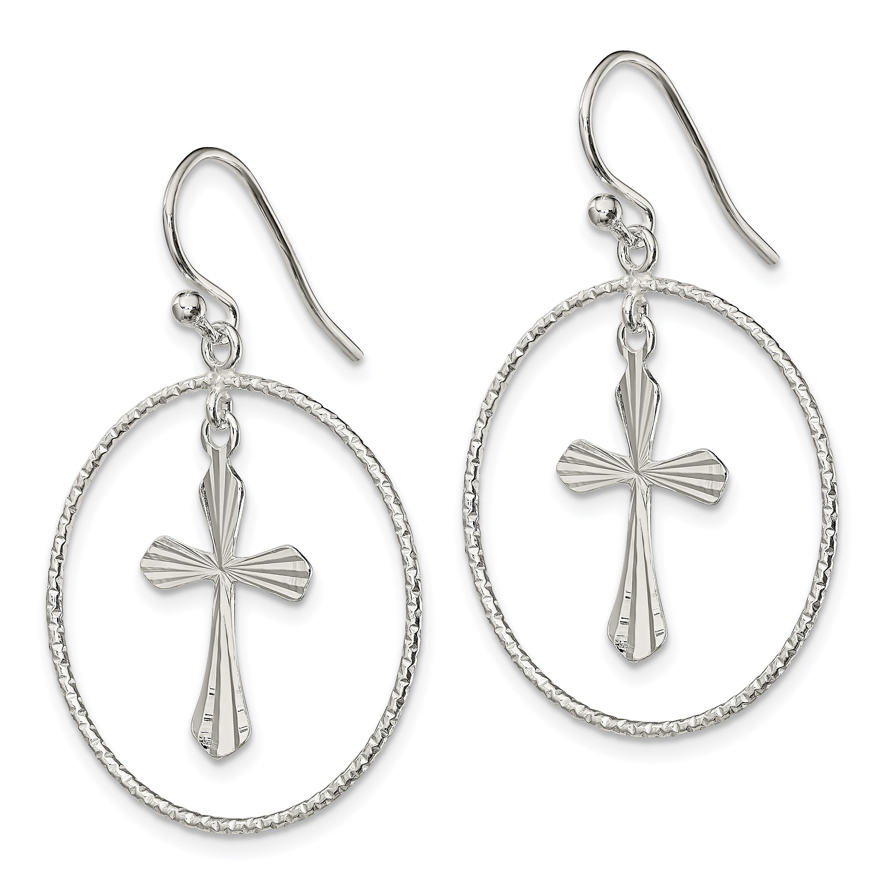 Sterling Silver Polished & Diamond-cut Cross Circle Dangle Earrings Secondary image