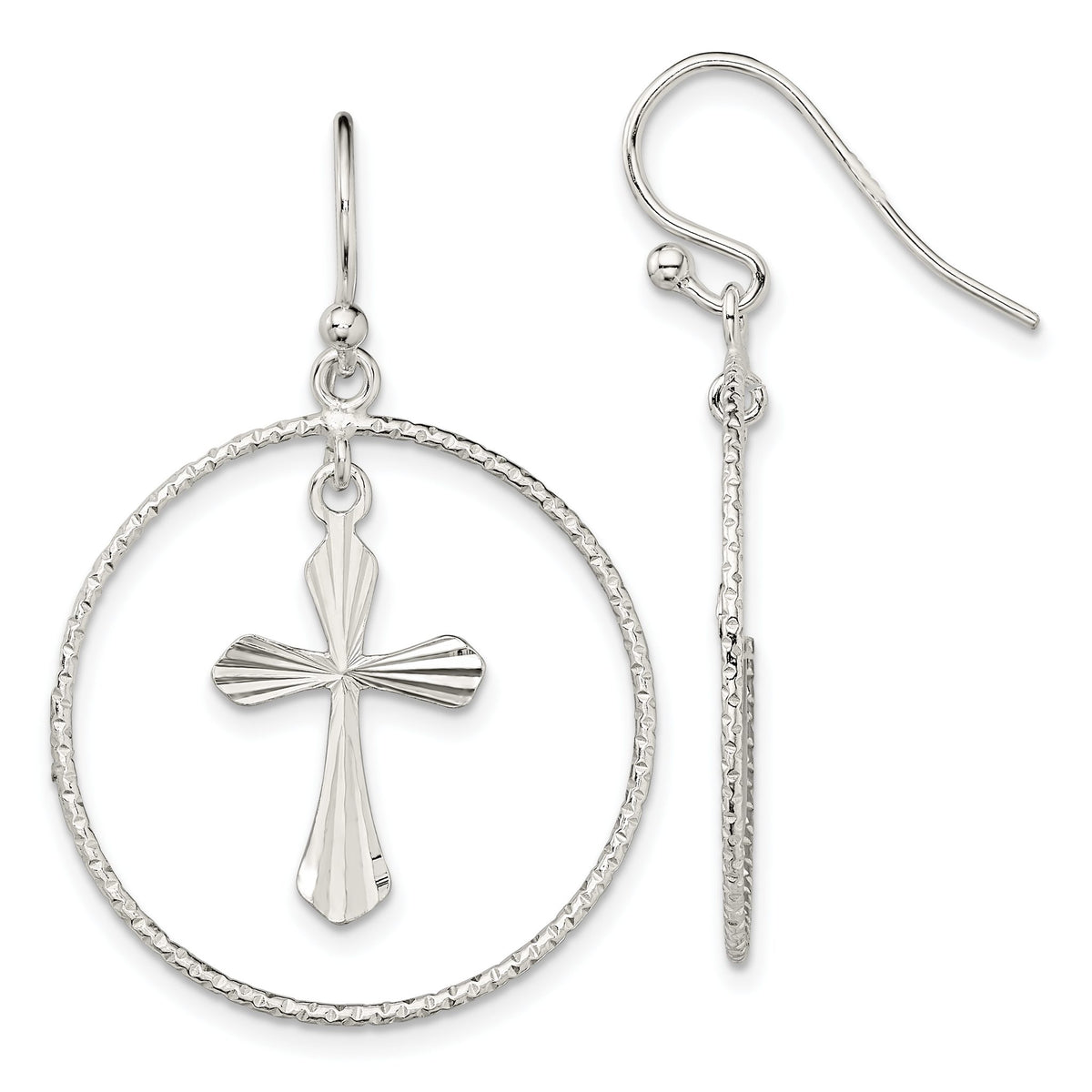 Cross Circle Dangle Earrings in Sterling Silver, Diamond-Cut - Sophia Jewelers Main image