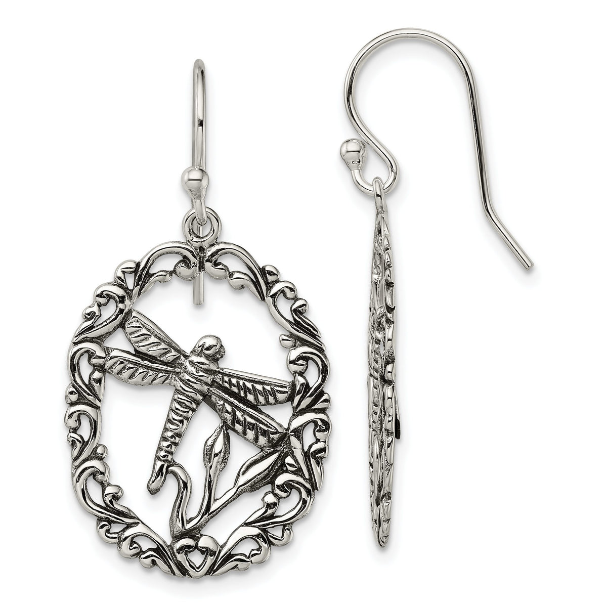 Dragonfly Shepherds Hook Dangle Earrings in Sterling Silver, Antiqued - Sophia Jewelers Main image