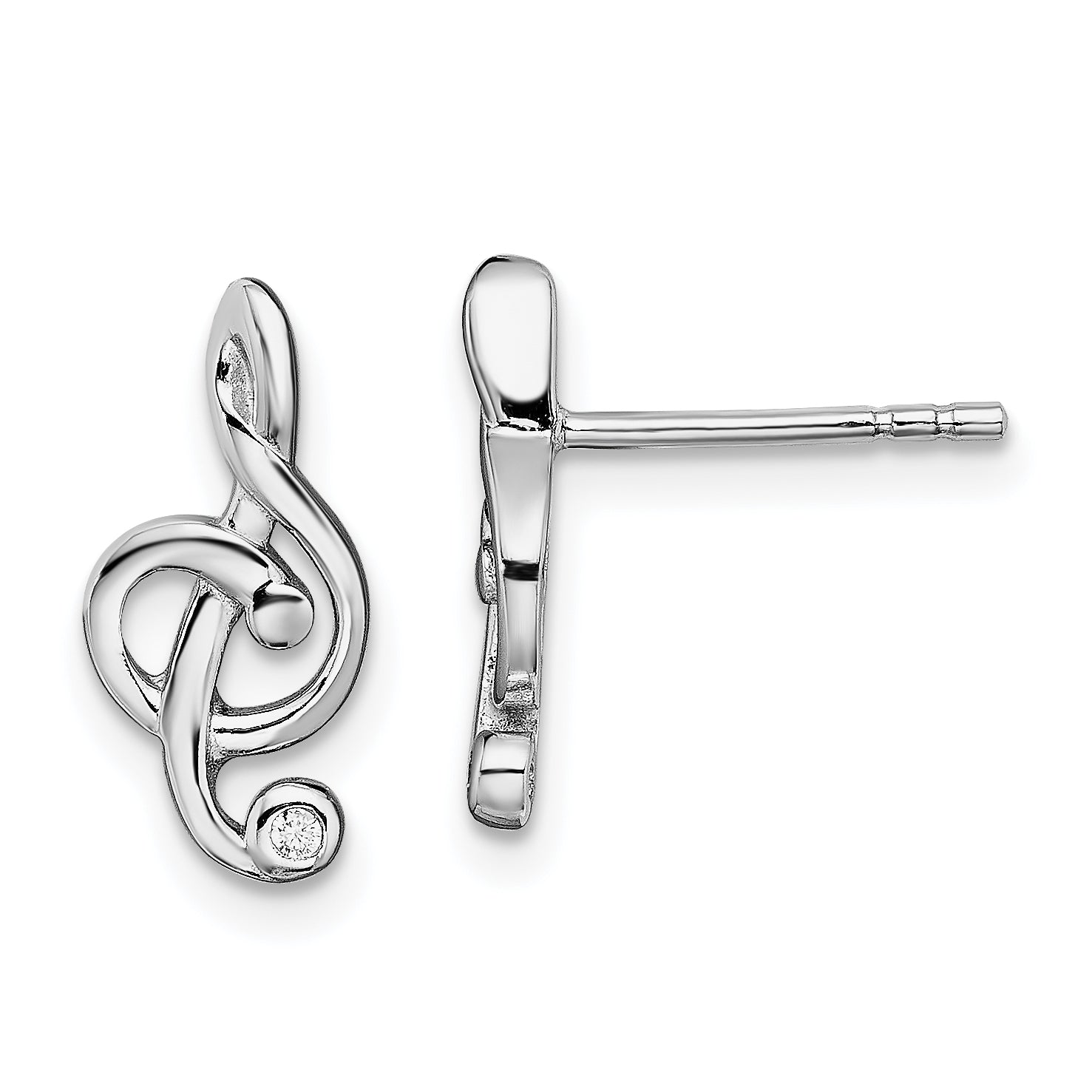 Sterling Silver Rhodium-plated CZ Treble Clef Post Earrings Main image