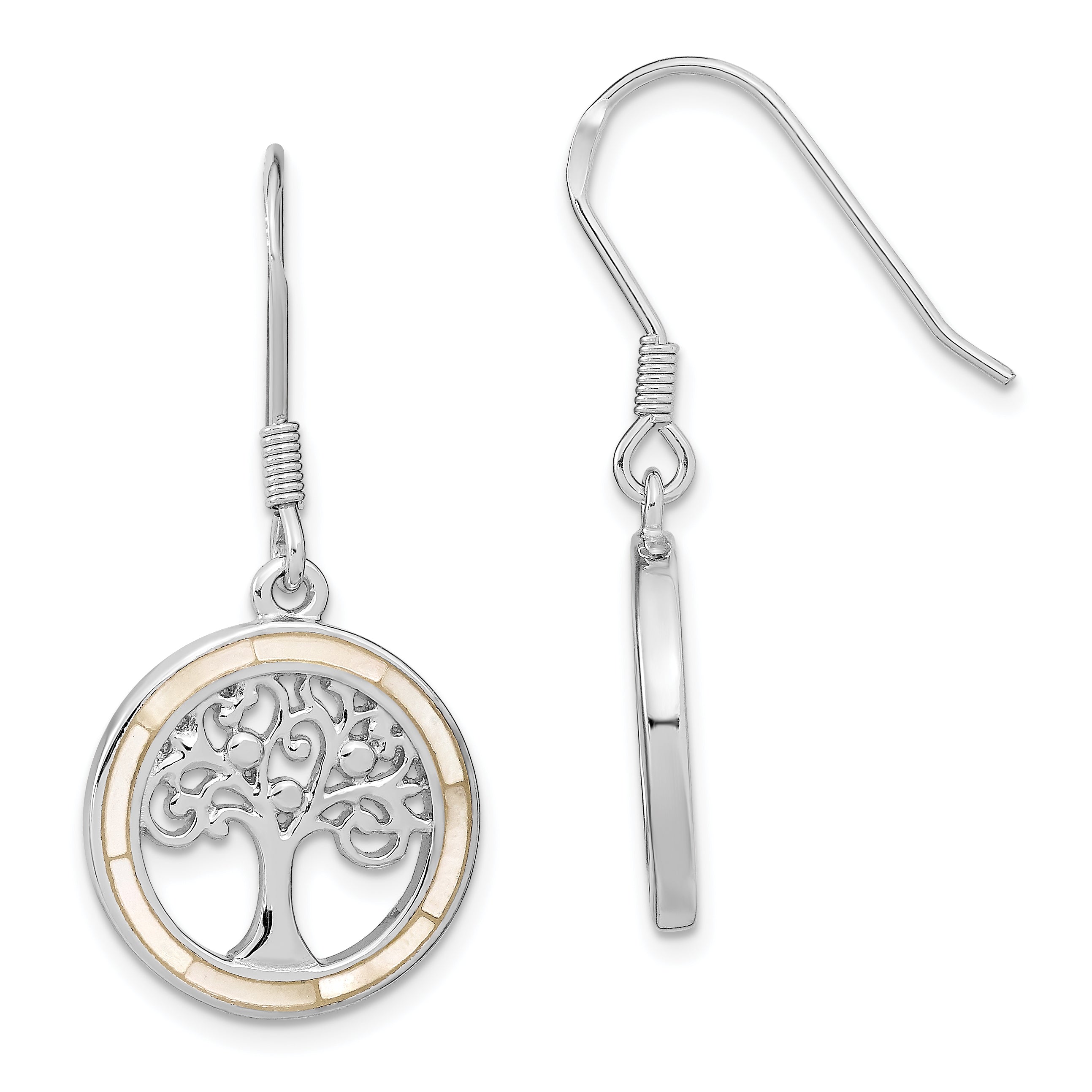 Sterling Silver Rhodium-plated White MOP Tree of Life Earrings Main image