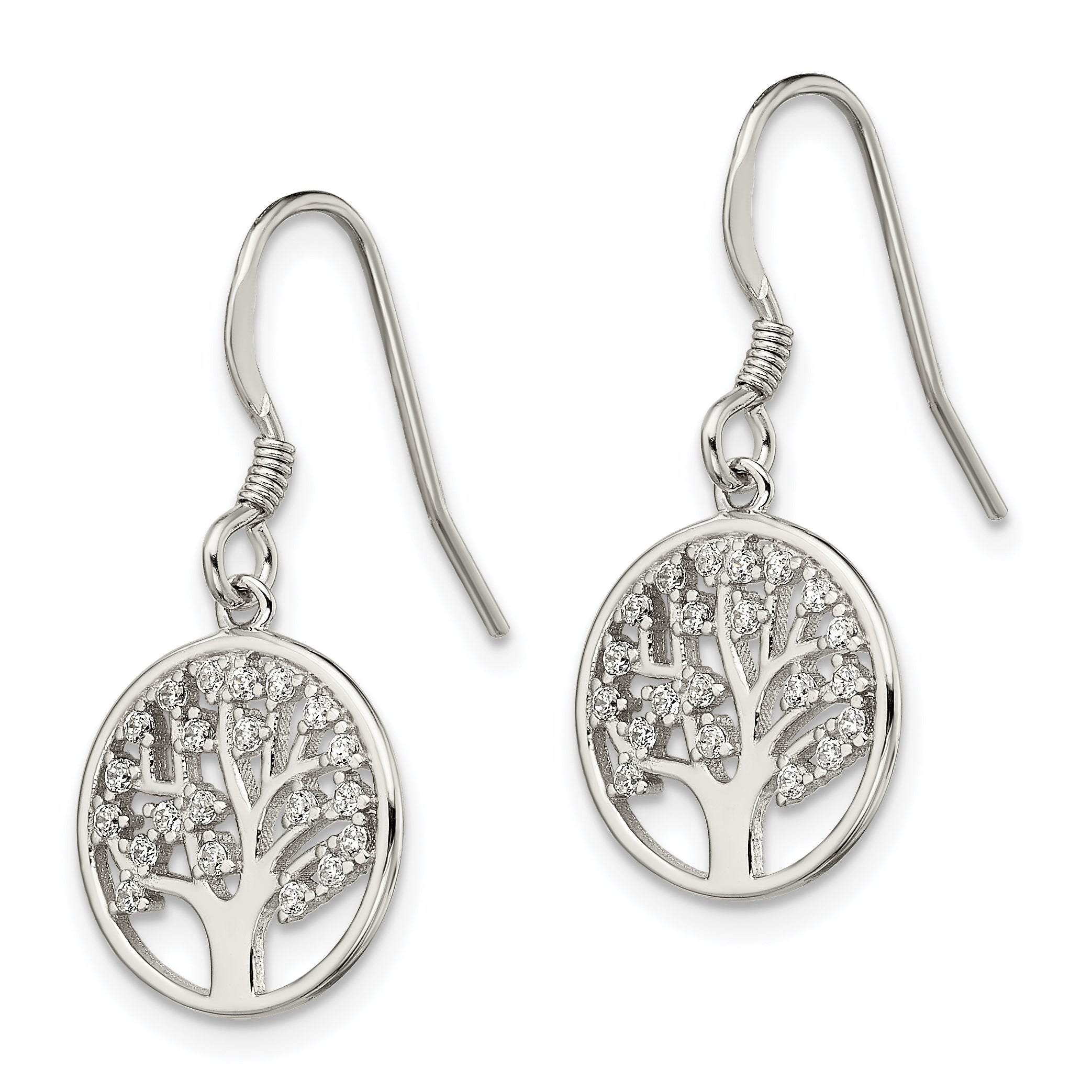 Sterling Silver Rhod-pltd CZ Tree of Life Dangle Shepherd Hook Earrings Secondary image