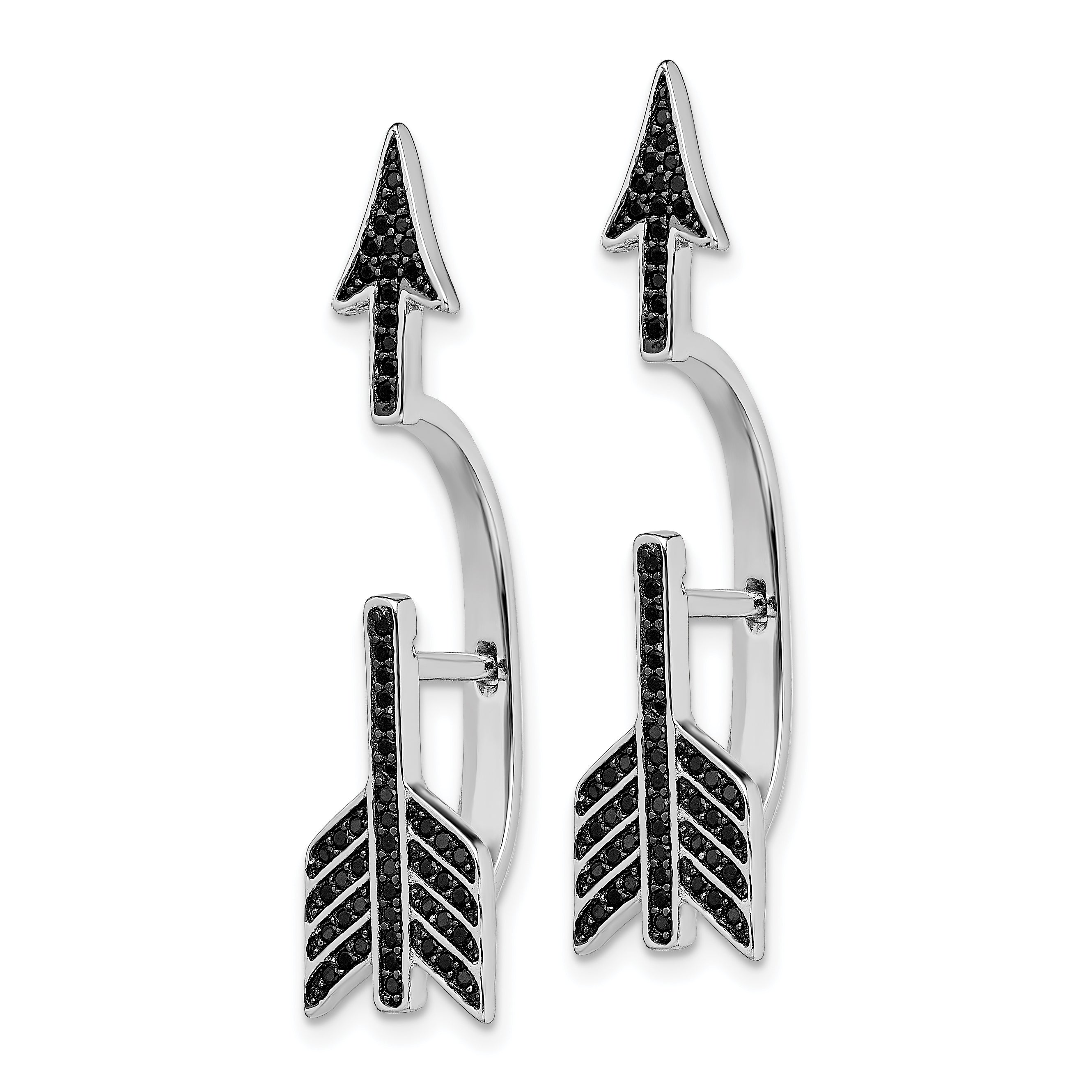 Sterling Silver Rhodium-plated Polished Black CZ Arrow Hinged Post Earrings Secondary image
