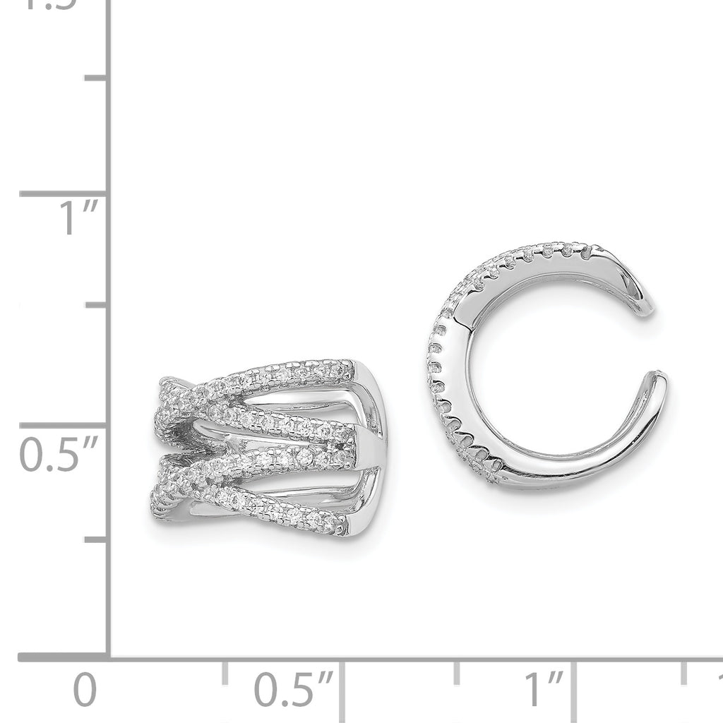 Sterling Silver Rhodium-plated Polished CZ Double 'X' Single Cuff Earring