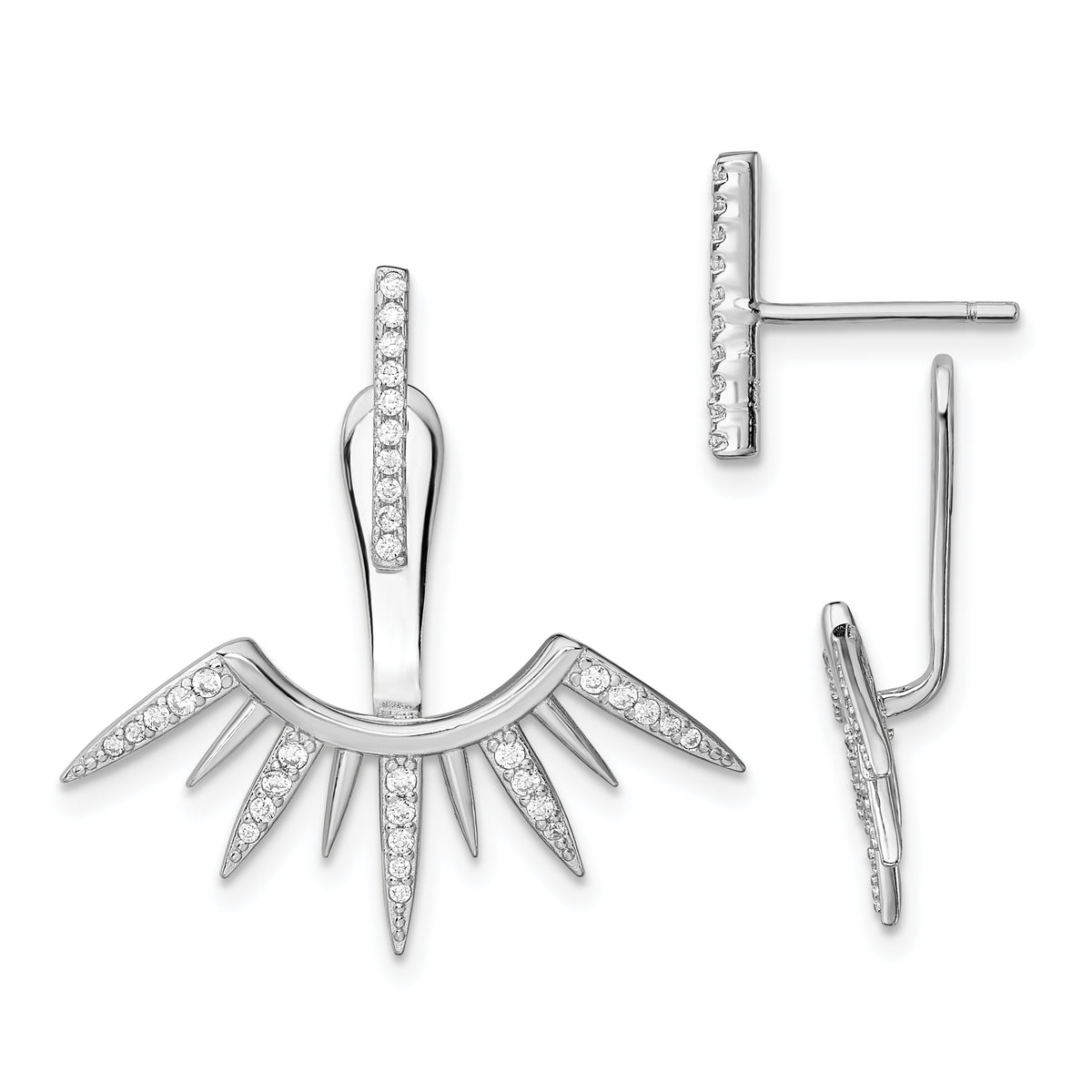 Sterling Silver Rhodium-plated CZ Bar & Spikes Front & Back Post Earrings
