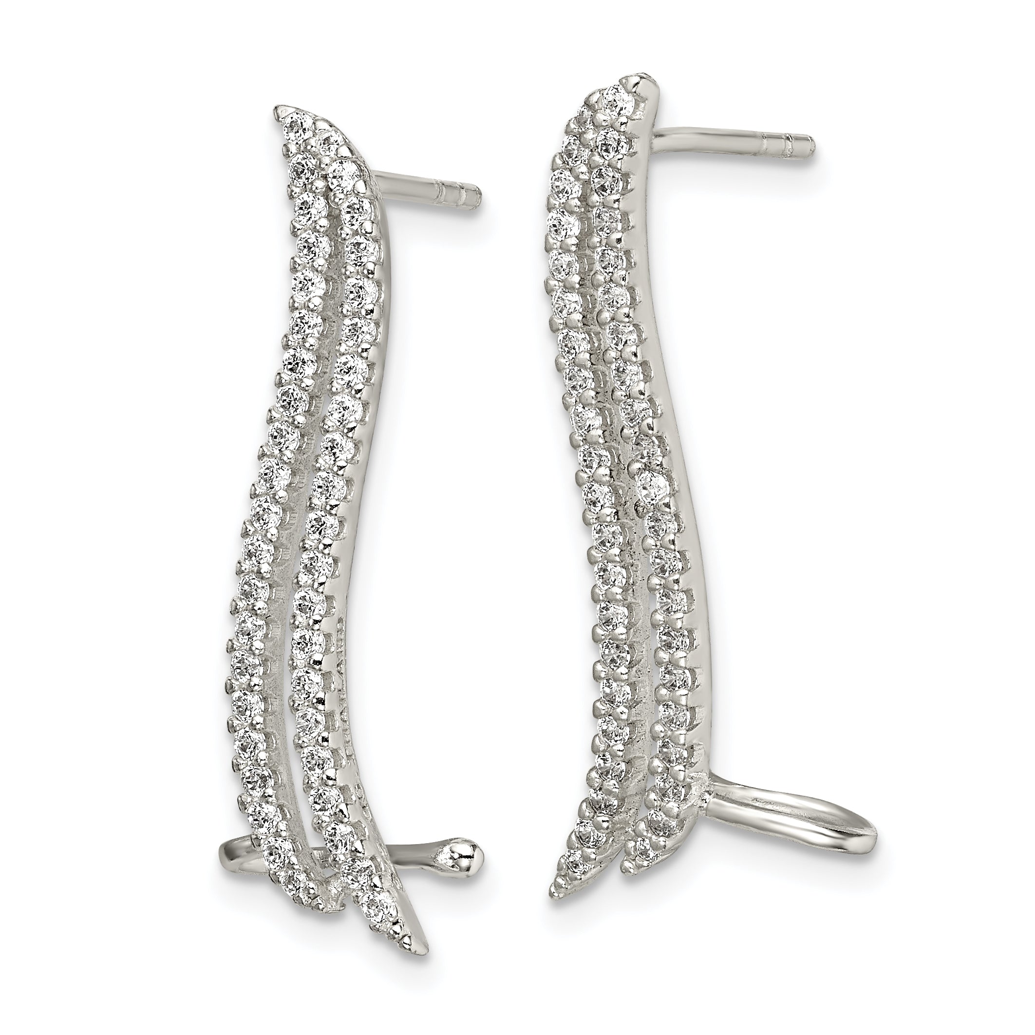 Sterling Silver Polished CZ Double Row Post & Cuff Ear Climber Earrings Secondary image
