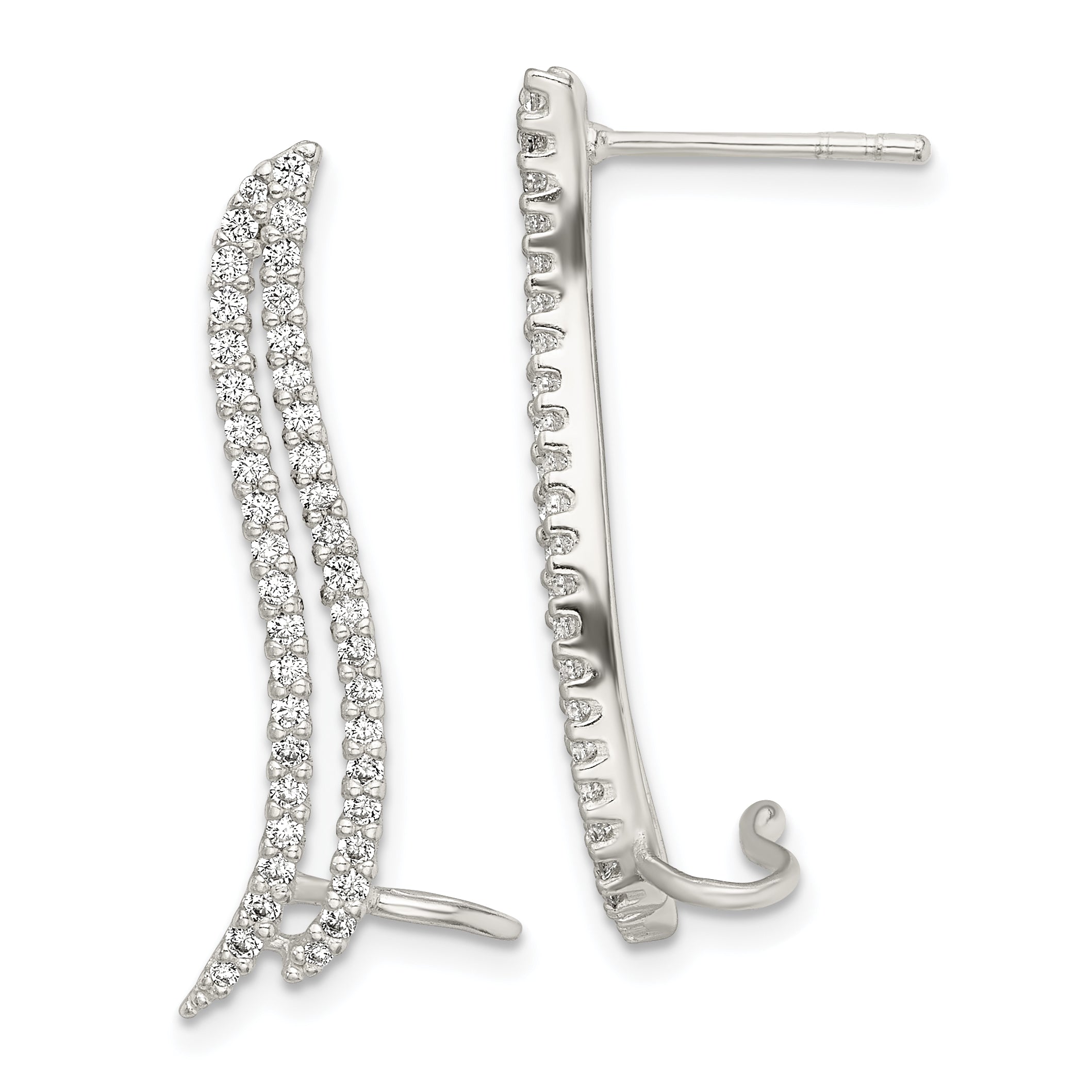 Sterling Silver Polished CZ Double Row Post & Cuff Ear Climber Earrings Main image