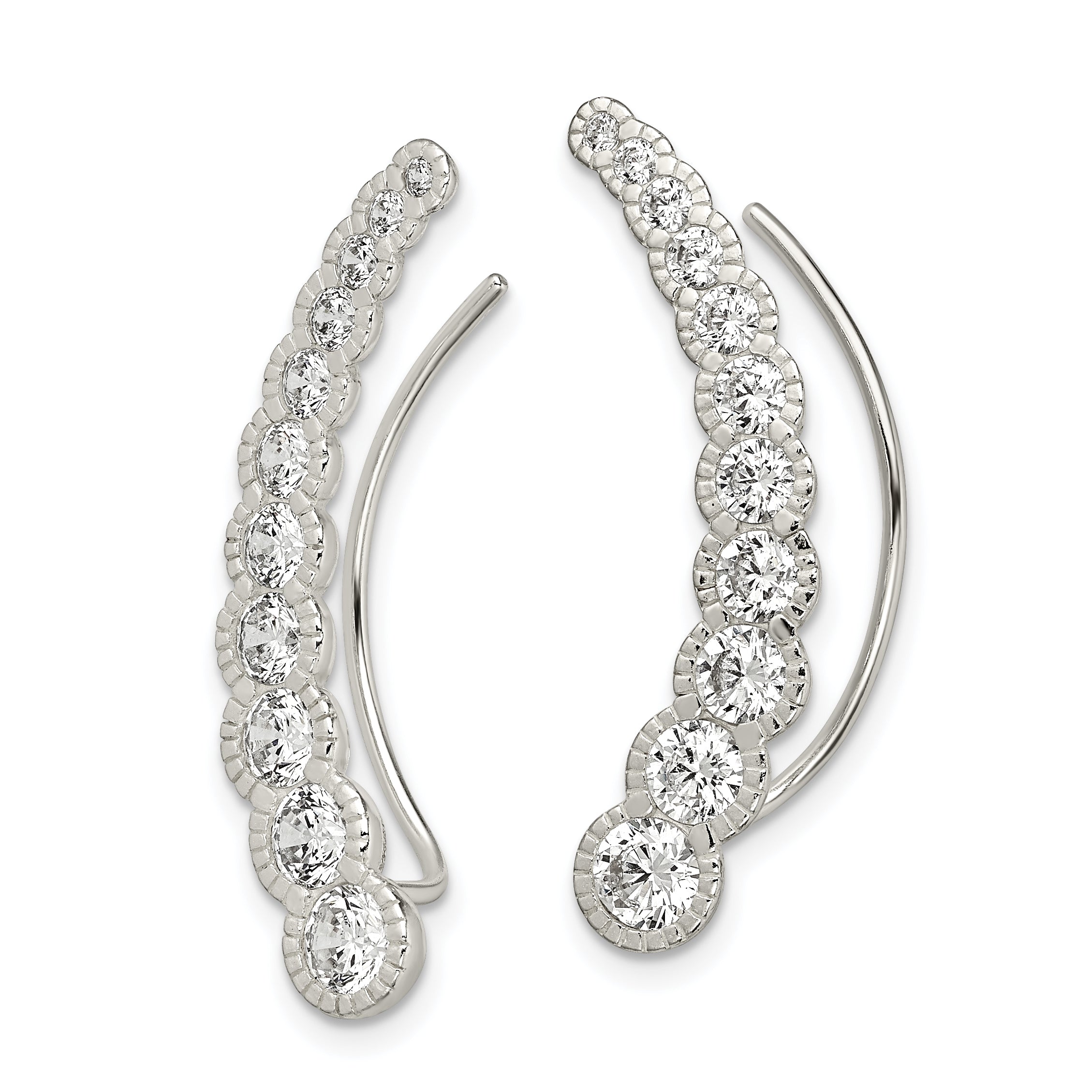 Sterling Silver Polished & Textured Graduated CZ Ear Climber Earrings Secondary image
