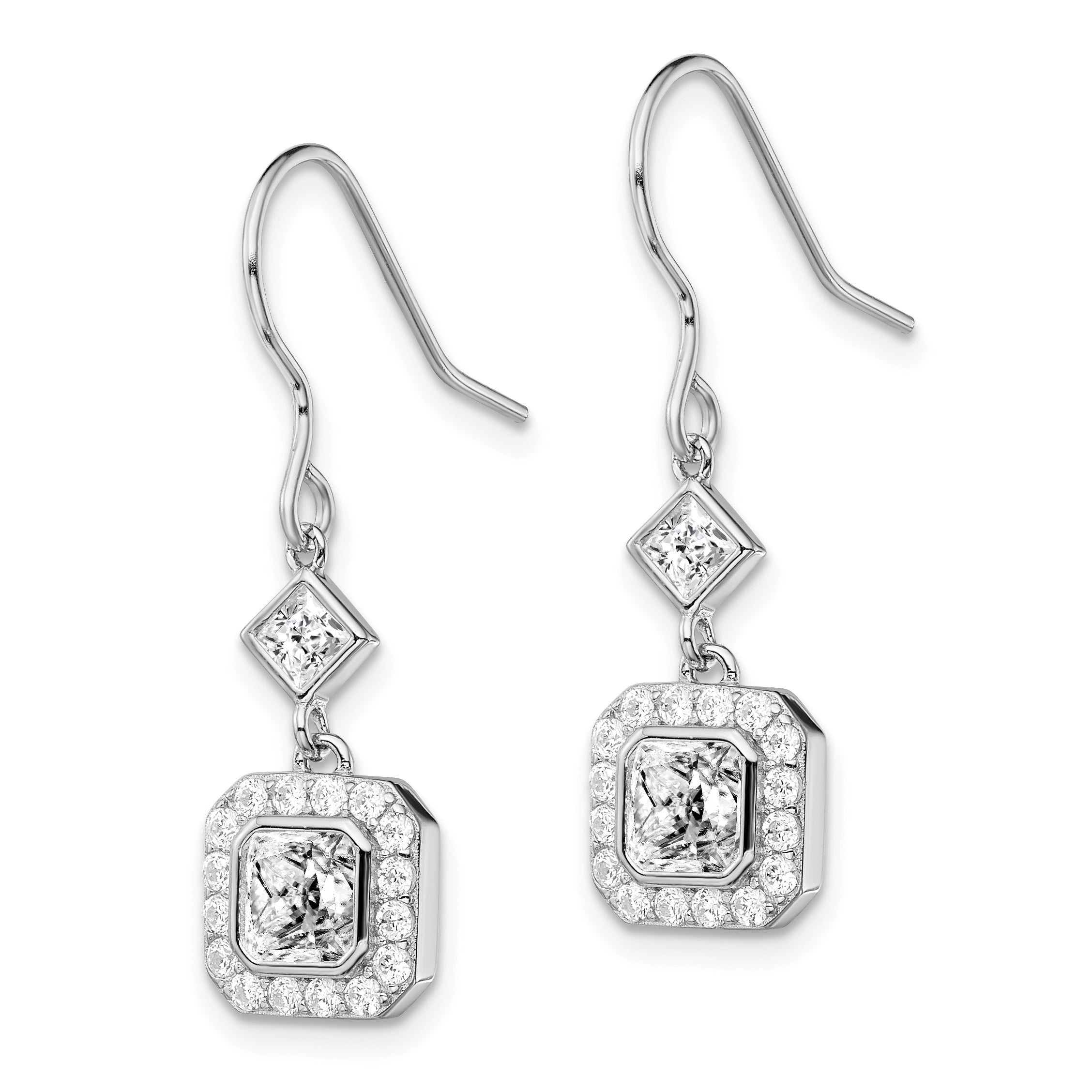 Sterling Silver Rhodium-plated Polished Square CZ Halo Dangle Earrings Secondary image