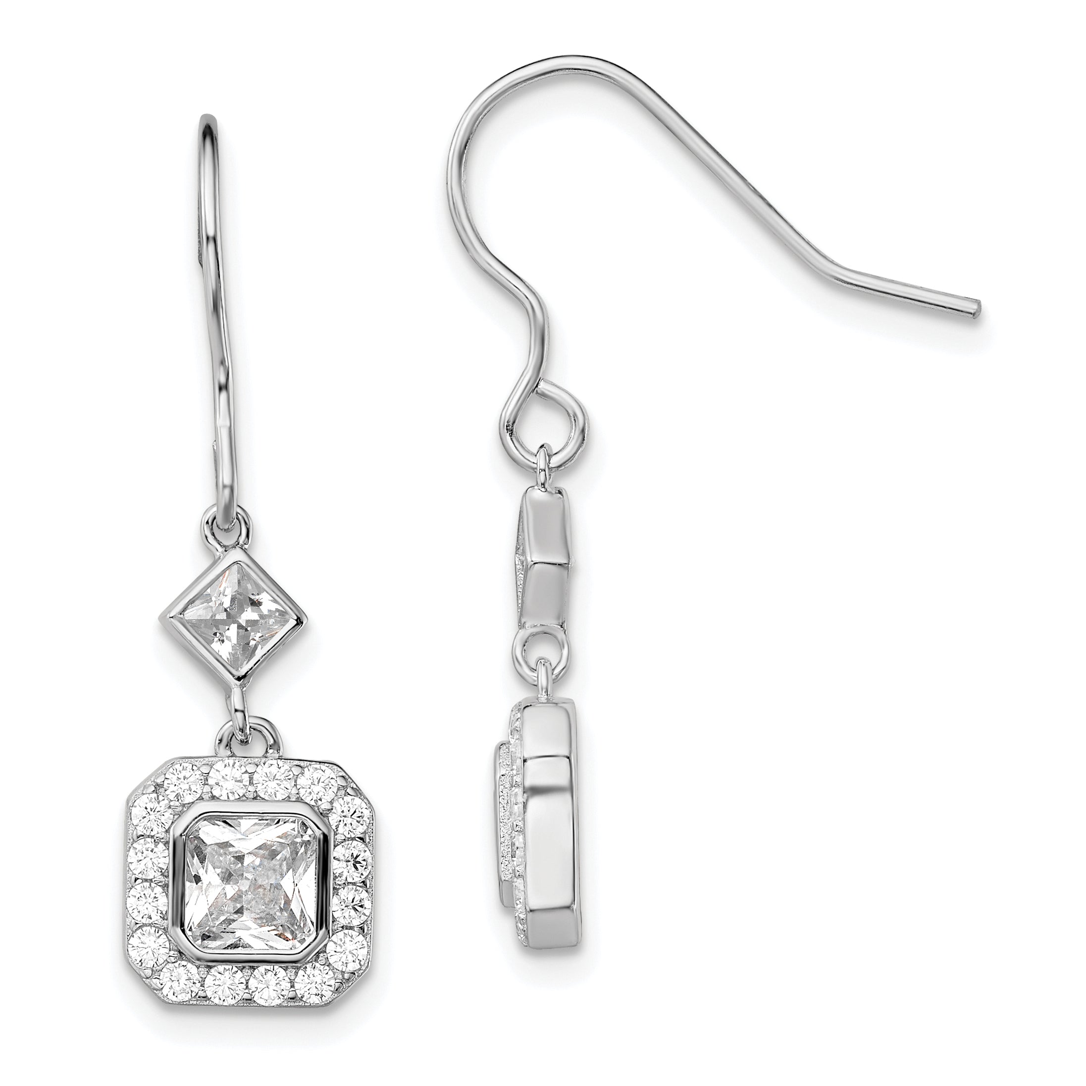 Sterling Silver Rhodium-plated Polished Square CZ Halo Dangle Earrings Main image