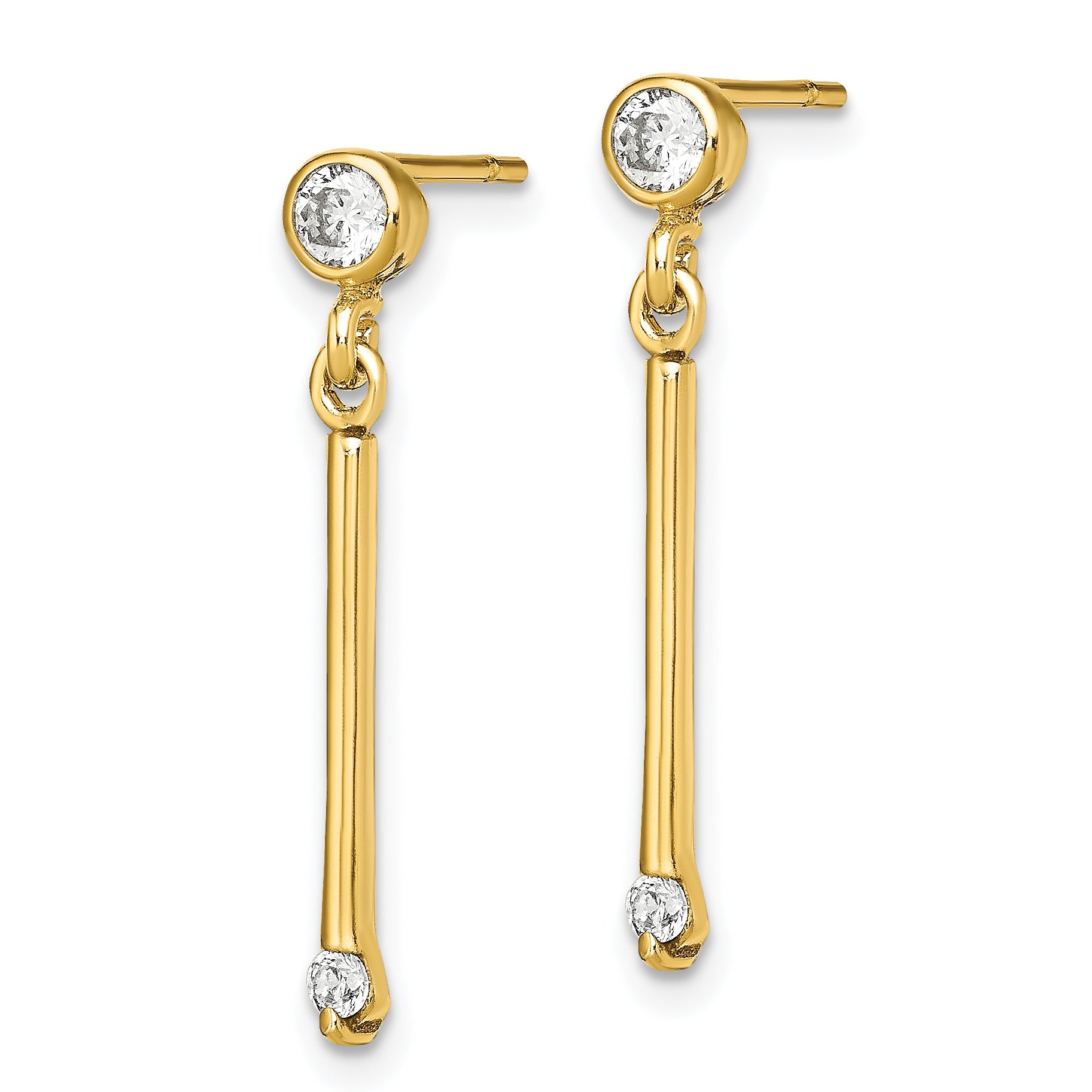 Sterling Silver Gold-tone Polished Bar w/ CZ Post Dangle Earrings Secondary image