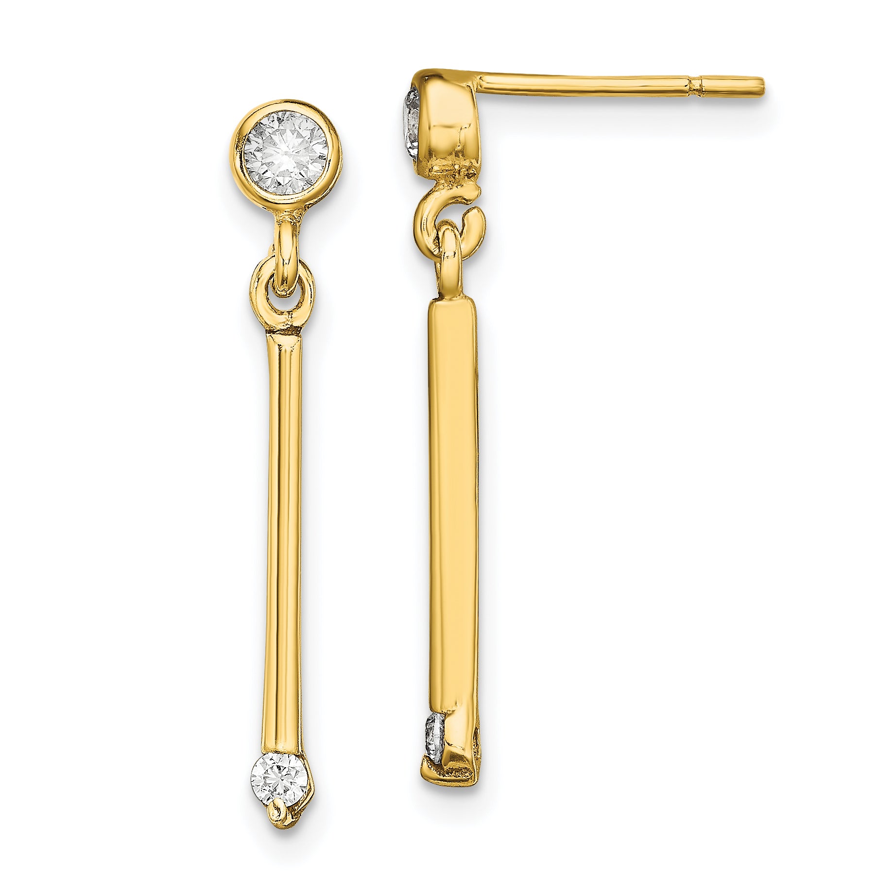 Sterling Silver Gold-tone Polished Bar w/ CZ Post Dangle Earrings Main image