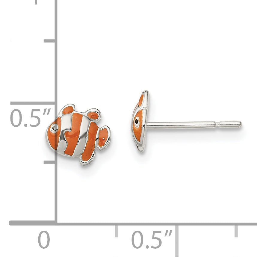 Sterling Silver Polished Enameled Clown Fish Post Earrings