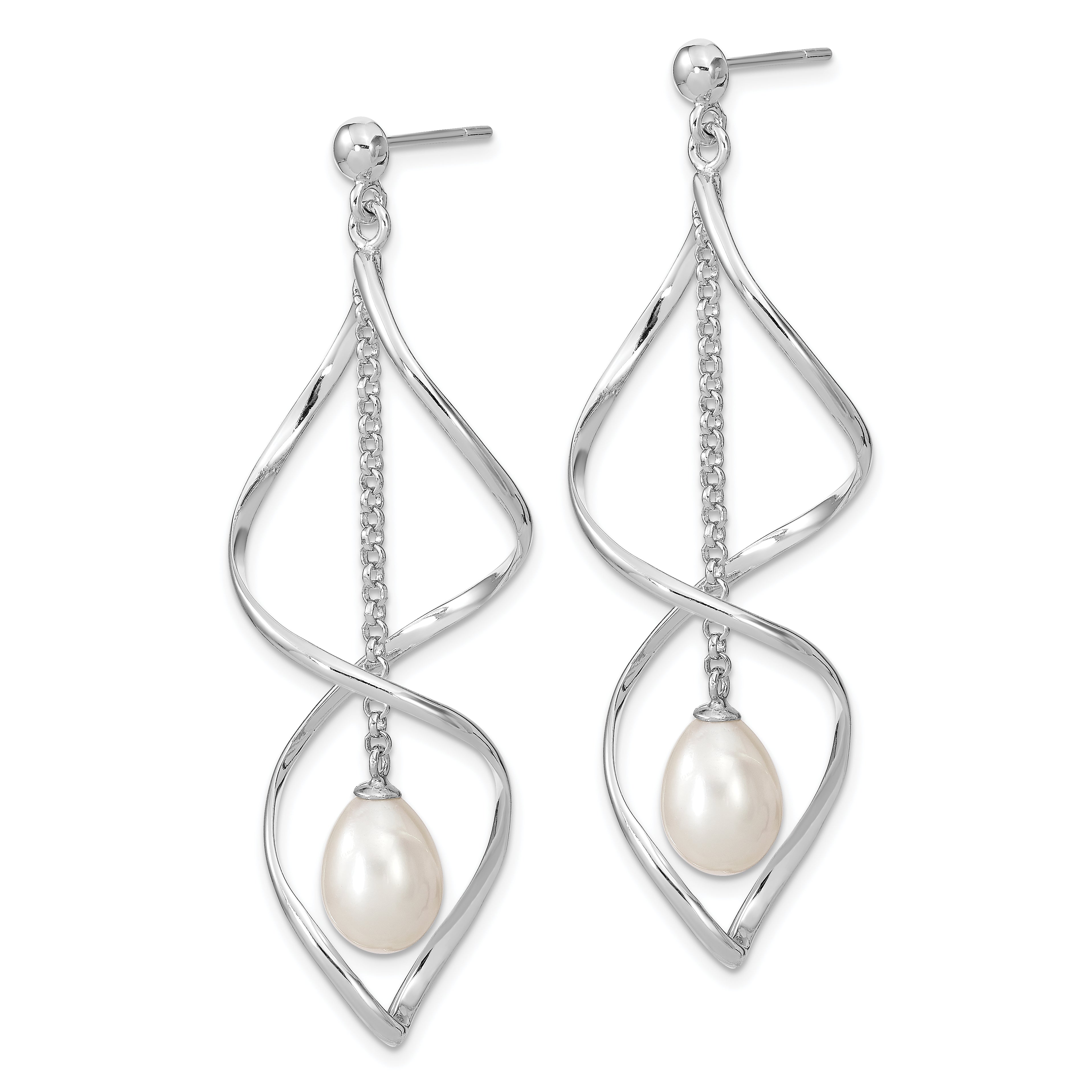 Sterling Silver Rhodium-plated 7-8mm White Rice Freshwater Cultured Pearl Post Dangle Earring Secondary image