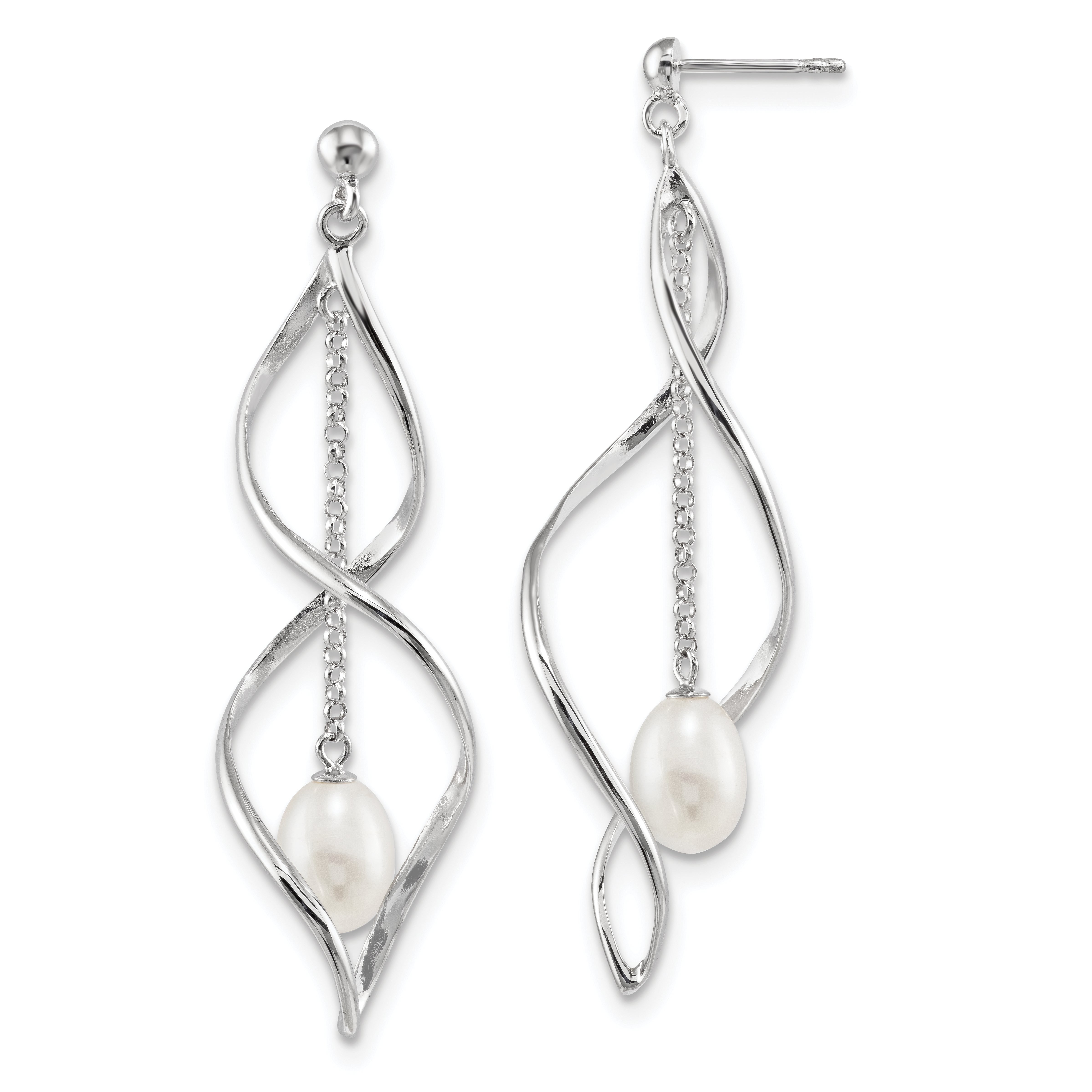 Sterling Silver Rhodium-plated 7-8mm White Rice Freshwater Cultured Pearl Post Dangle Earring Main image
