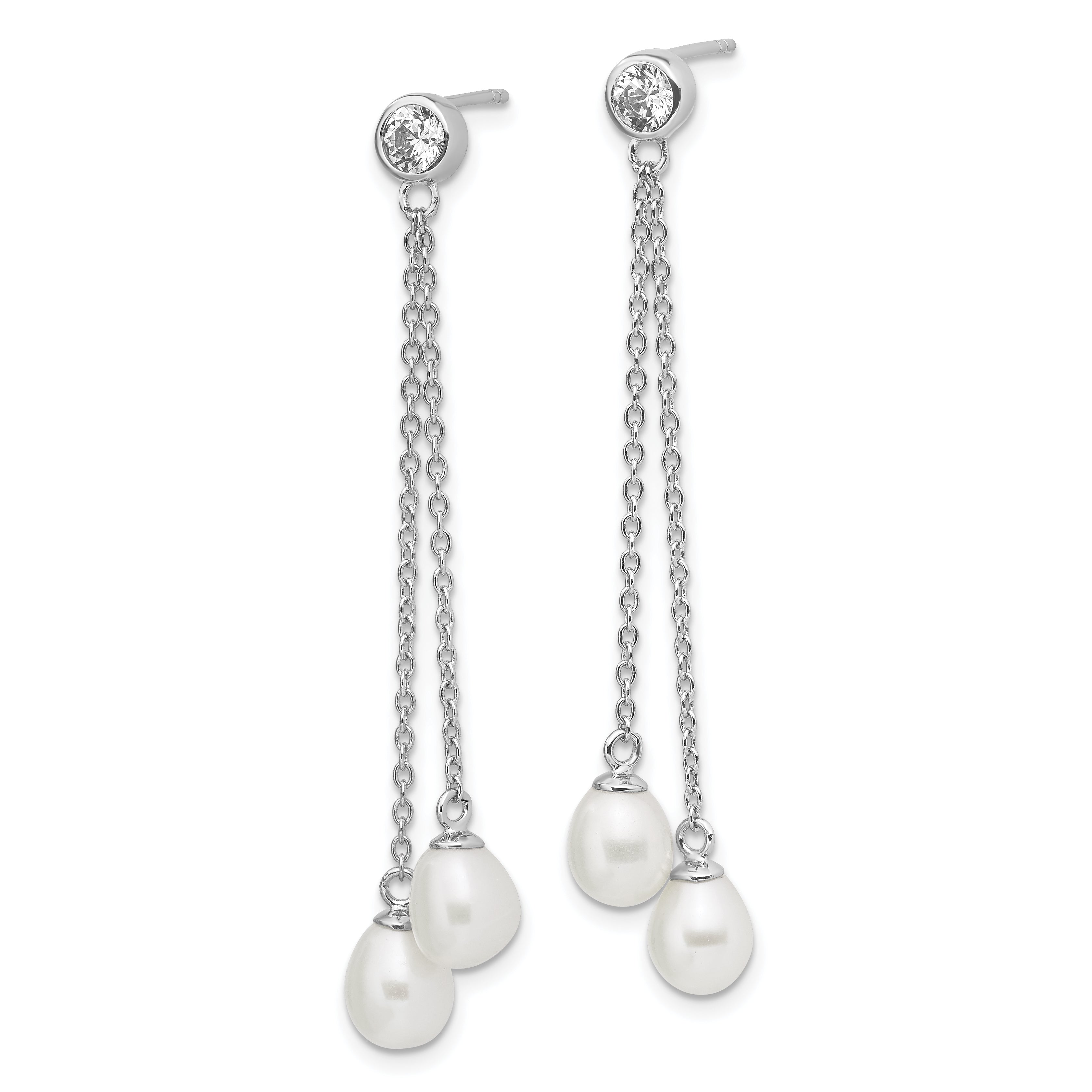 Sterling Silver Rhodium-plated 6-7mm Rice FWC Pearl CZ Post Dangle Earrings Secondary image
