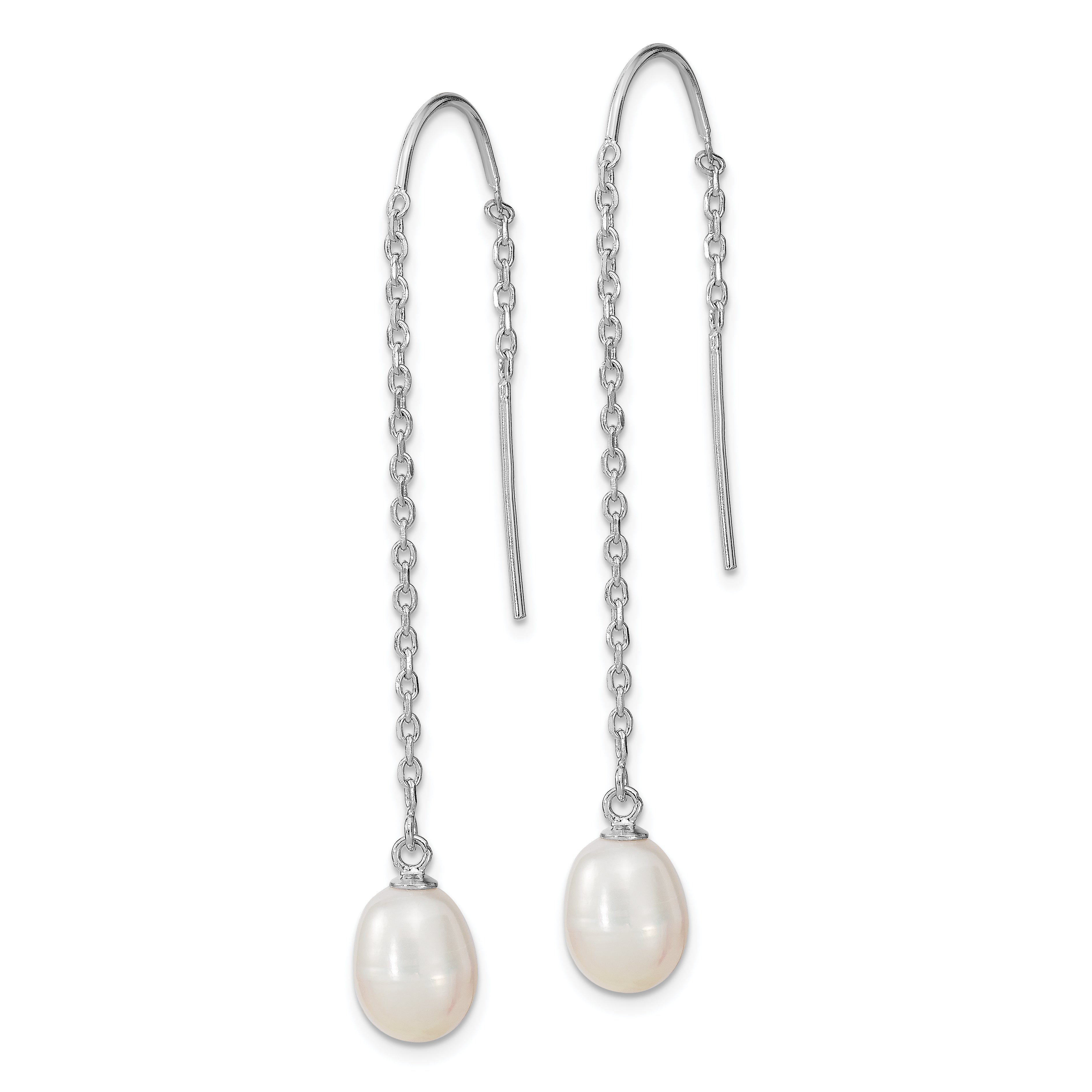 Sterling Silver Rhodium-plated Polished White 7-8mm Freshwater Cultured Pearl Threader Earrings Secondary image