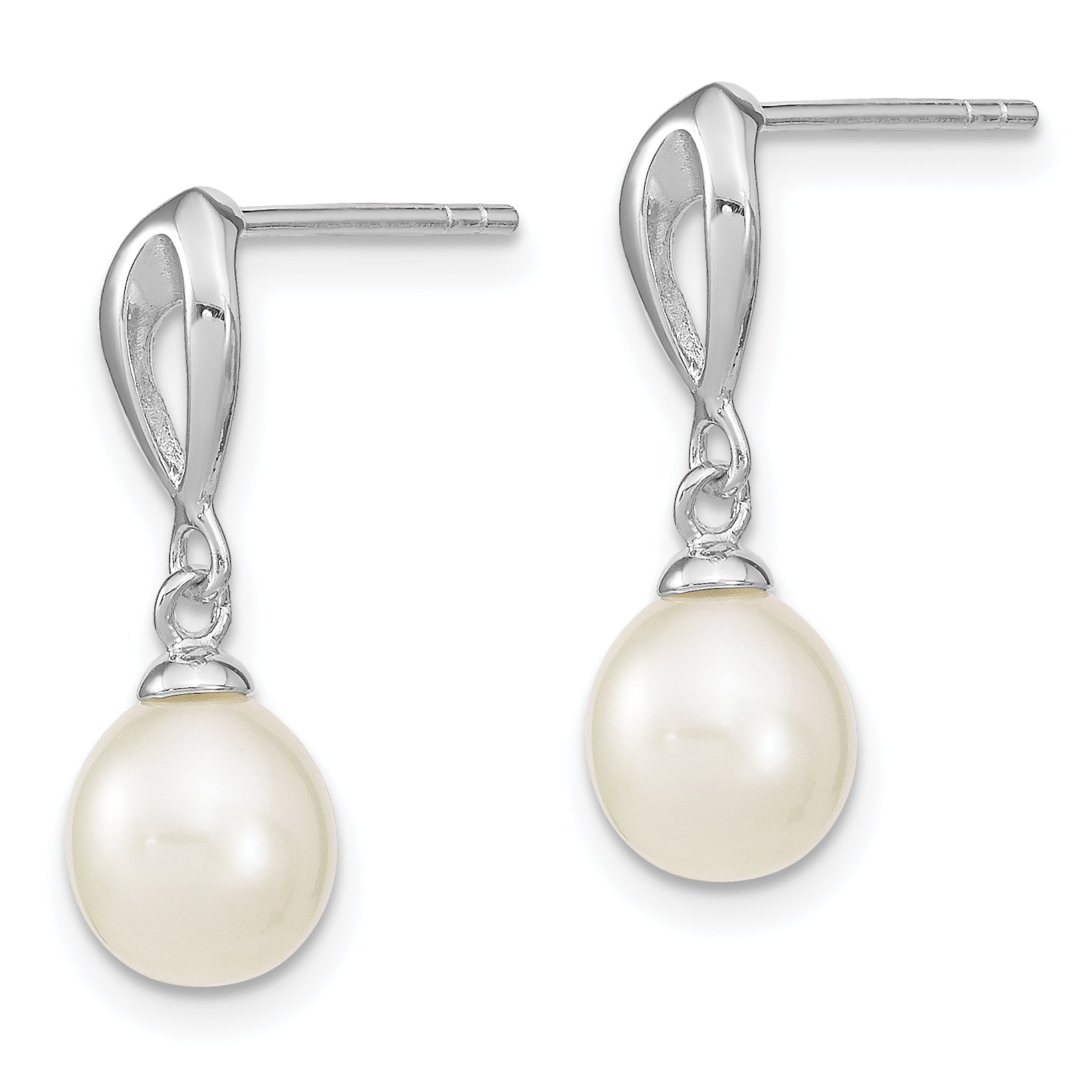Sterling Silver Rhodium-plated 7-8mm White FWC Pearl Post Dangle Earrings Secondary image