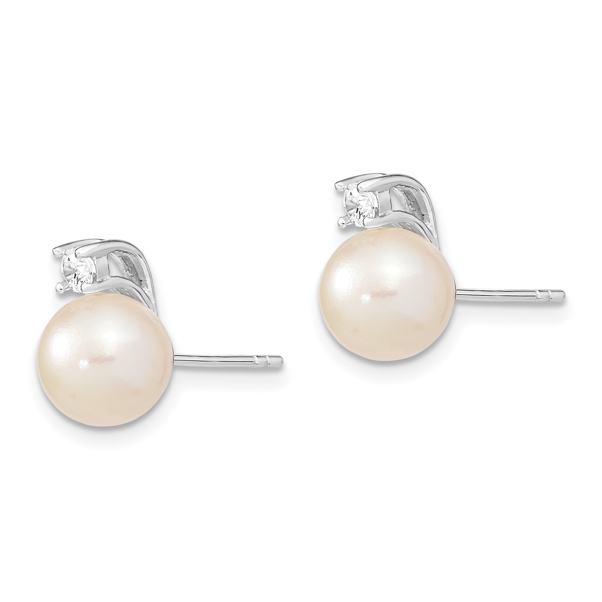 Sterling Silver Rhodium-plated 8-9mm White Round FWC Pearl CZ Post Earrings Secondary image