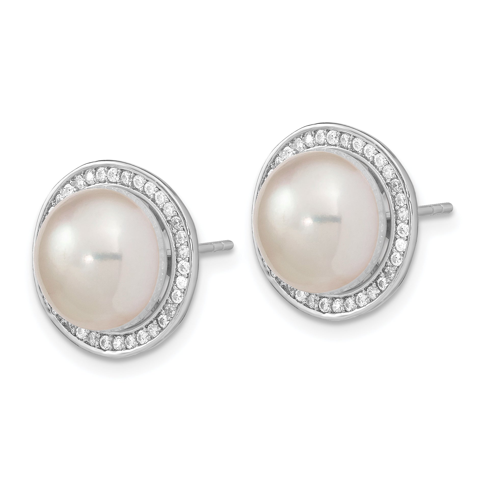 Sterling Silver RH 10-11mm Button FWC Pearl CZ Post Earrings Secondary image
