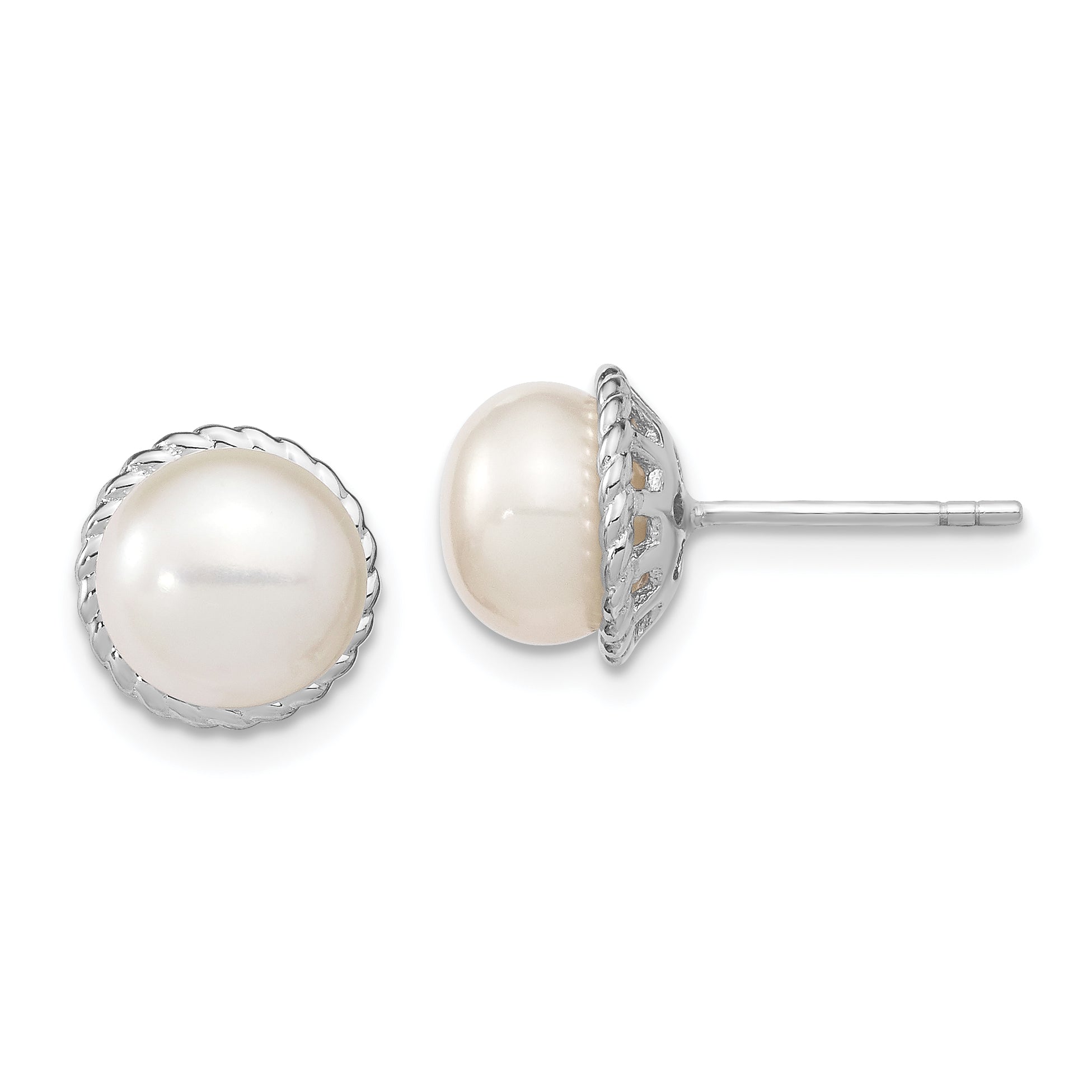 Sterling Silver RH 8-9mm White Button FWC Pearl Post Earrings Main image