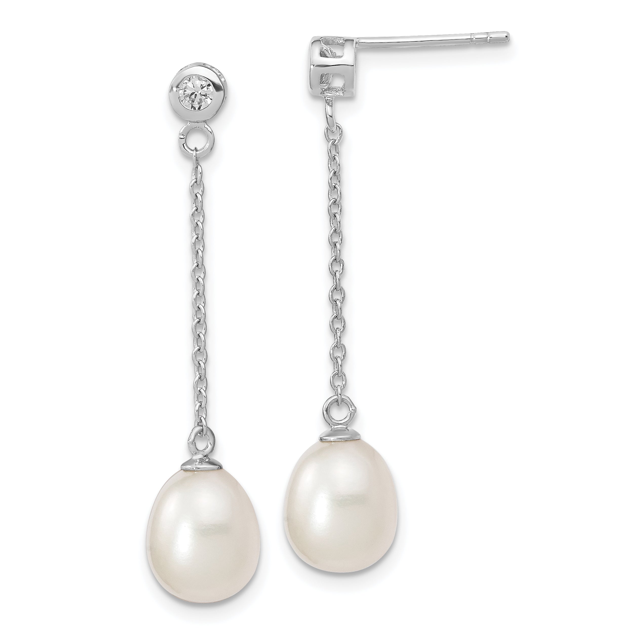 Sterling Silver Rhodium-plated 8-9mm Rice FWC Pearl CZ Post Dangle Earrings