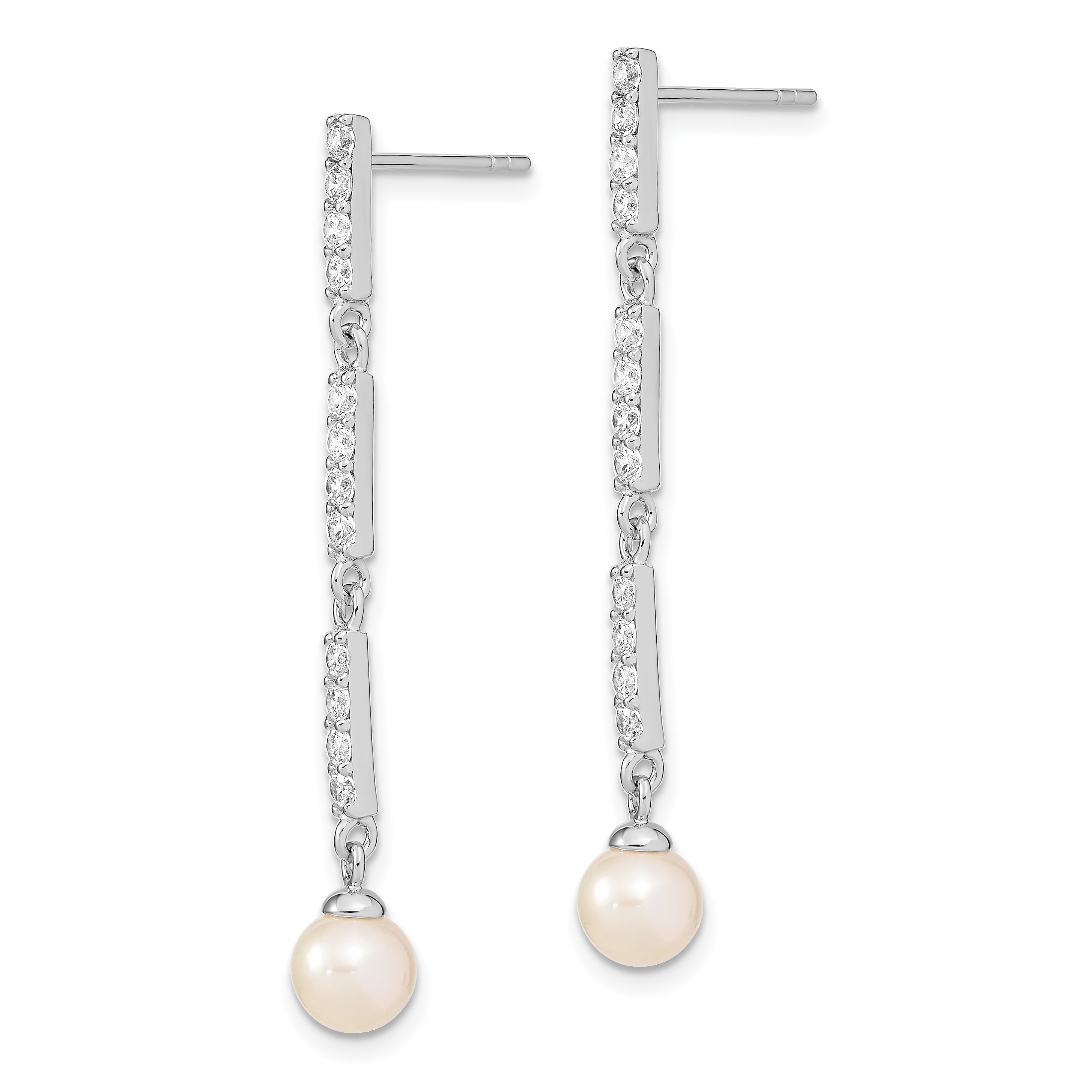 Sterling Silver Rhodium-plated 6-7mm Rice FWC Pearl CZ Post Dangle Earrings Secondary image