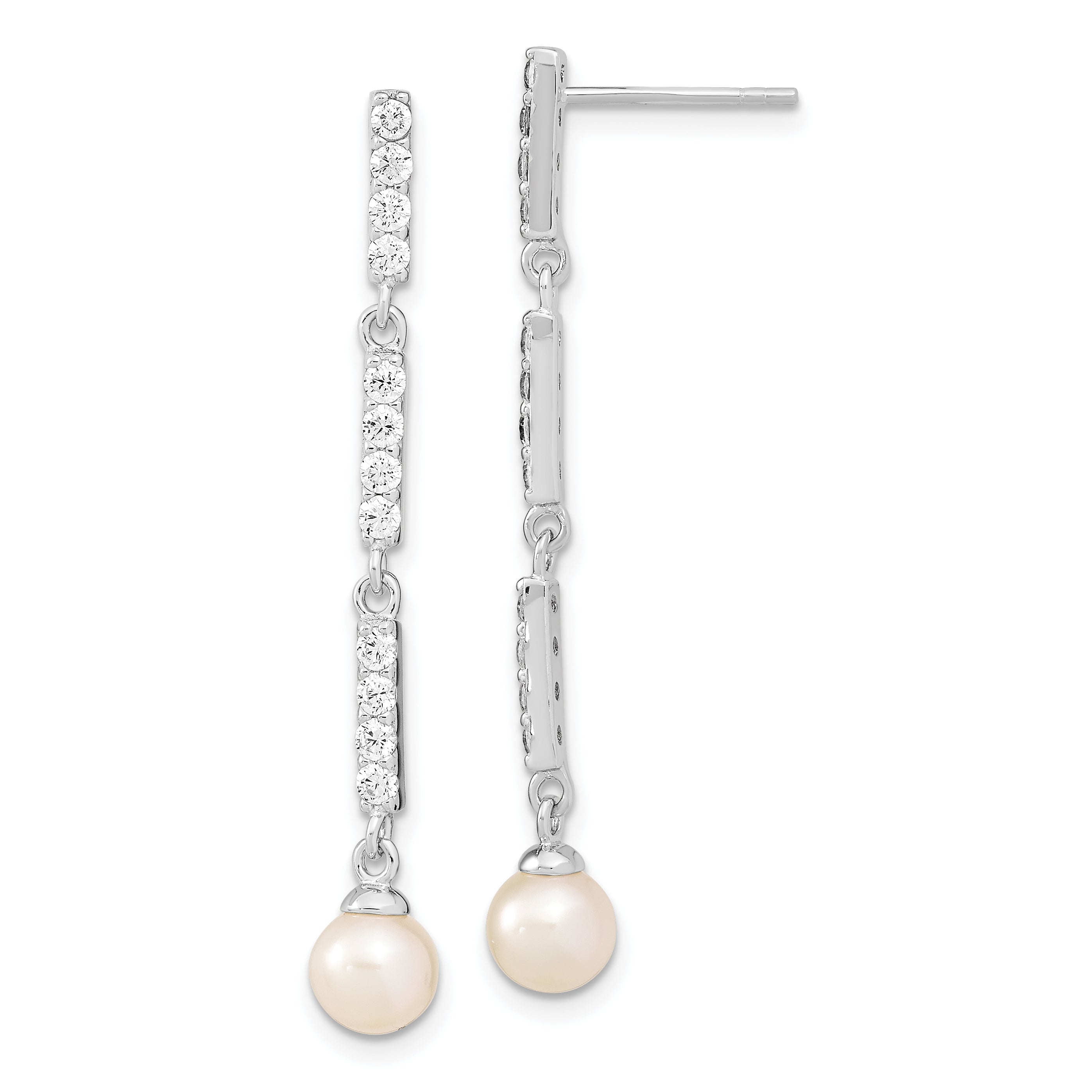 Sterling Silver Rhodium-plated 6-7mm Rice FWC Pearl CZ Post Dangle Earrings Main image