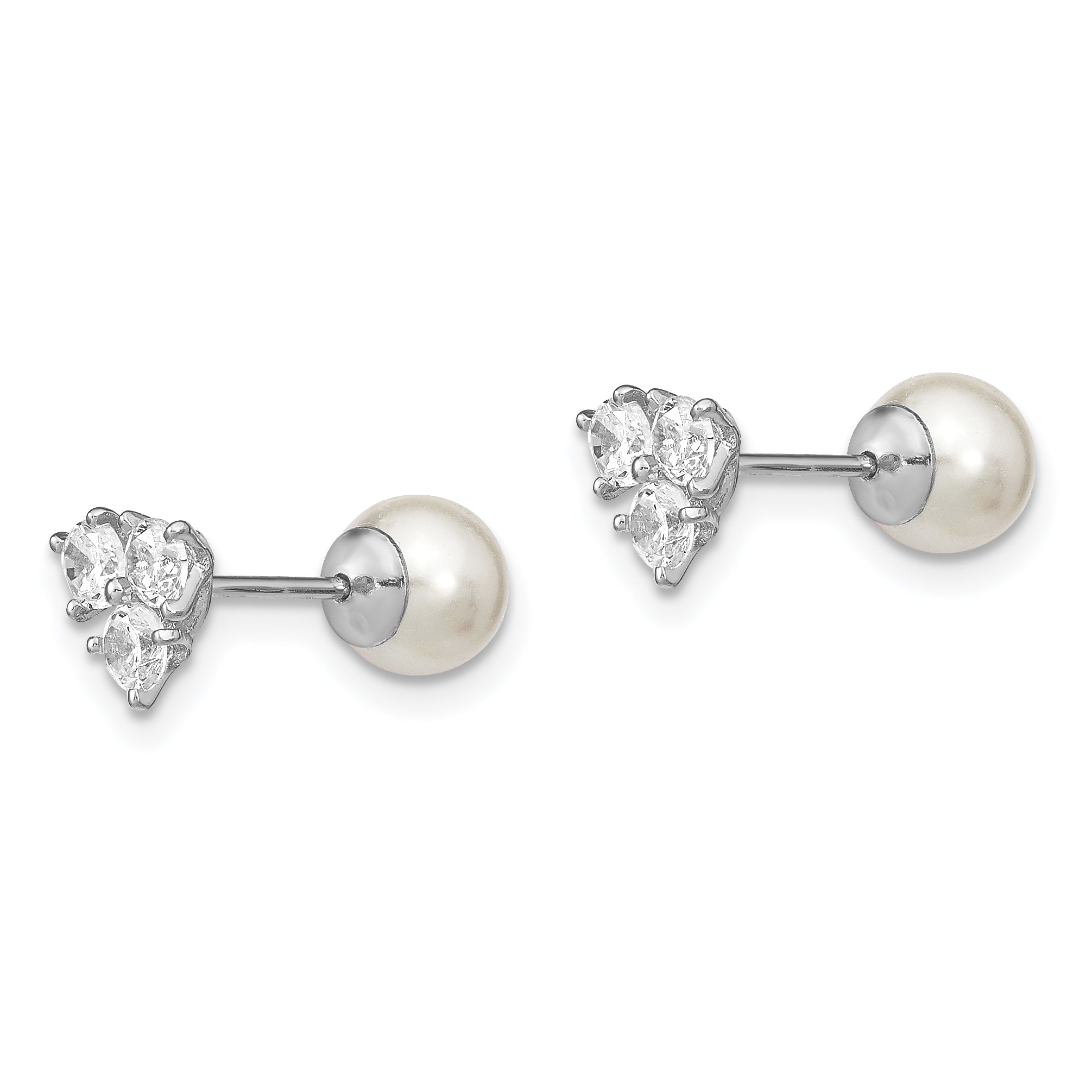 Sterling Silver Rhodium-plated Polished White 5-6mm Imitation Shell Pearl & CZ Reversible Post Earrings Secondary image