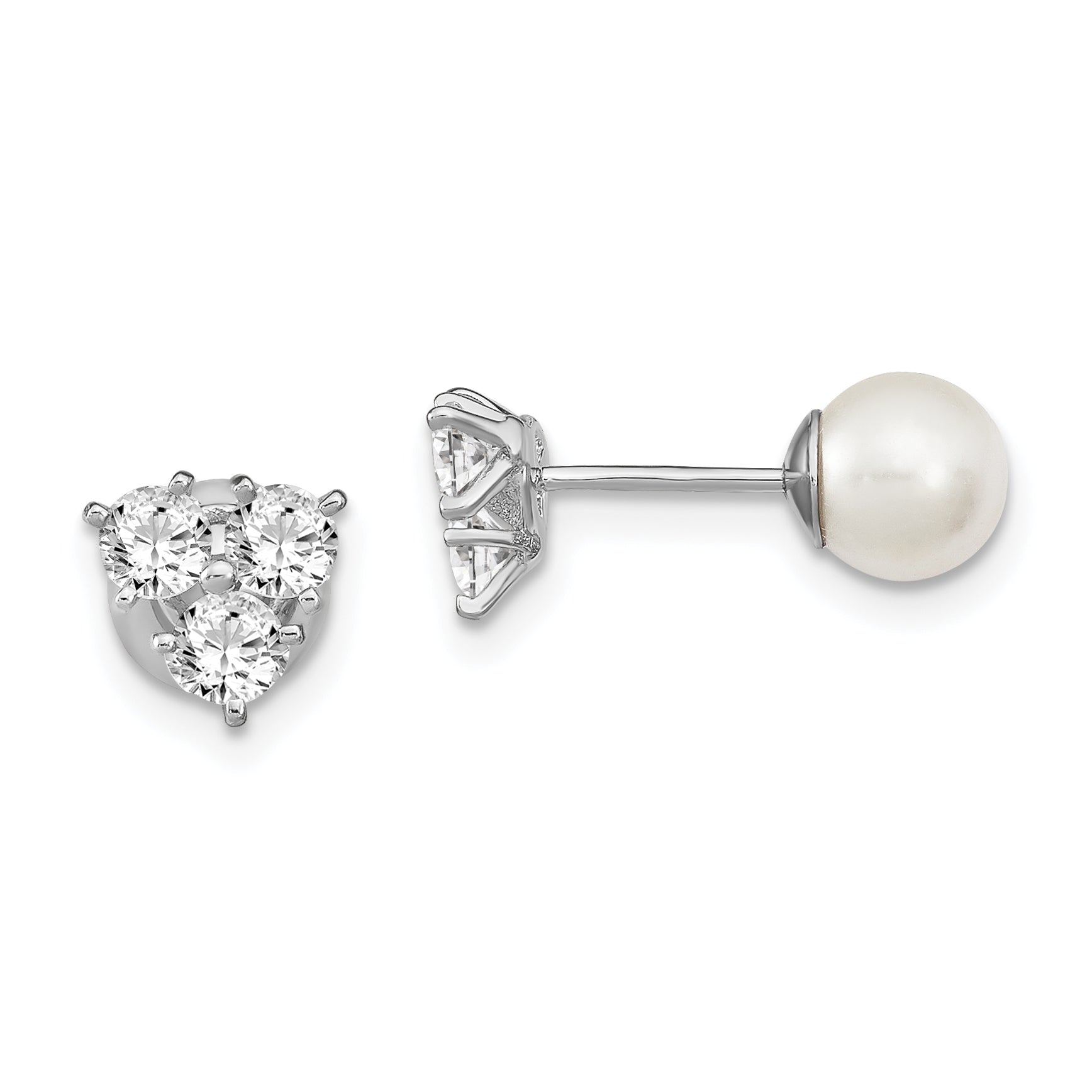 Sterling Silver Rhodium-plated Polished White 5-6mm Imitation Shell Pearl & CZ Reversible Post Earrings Main image